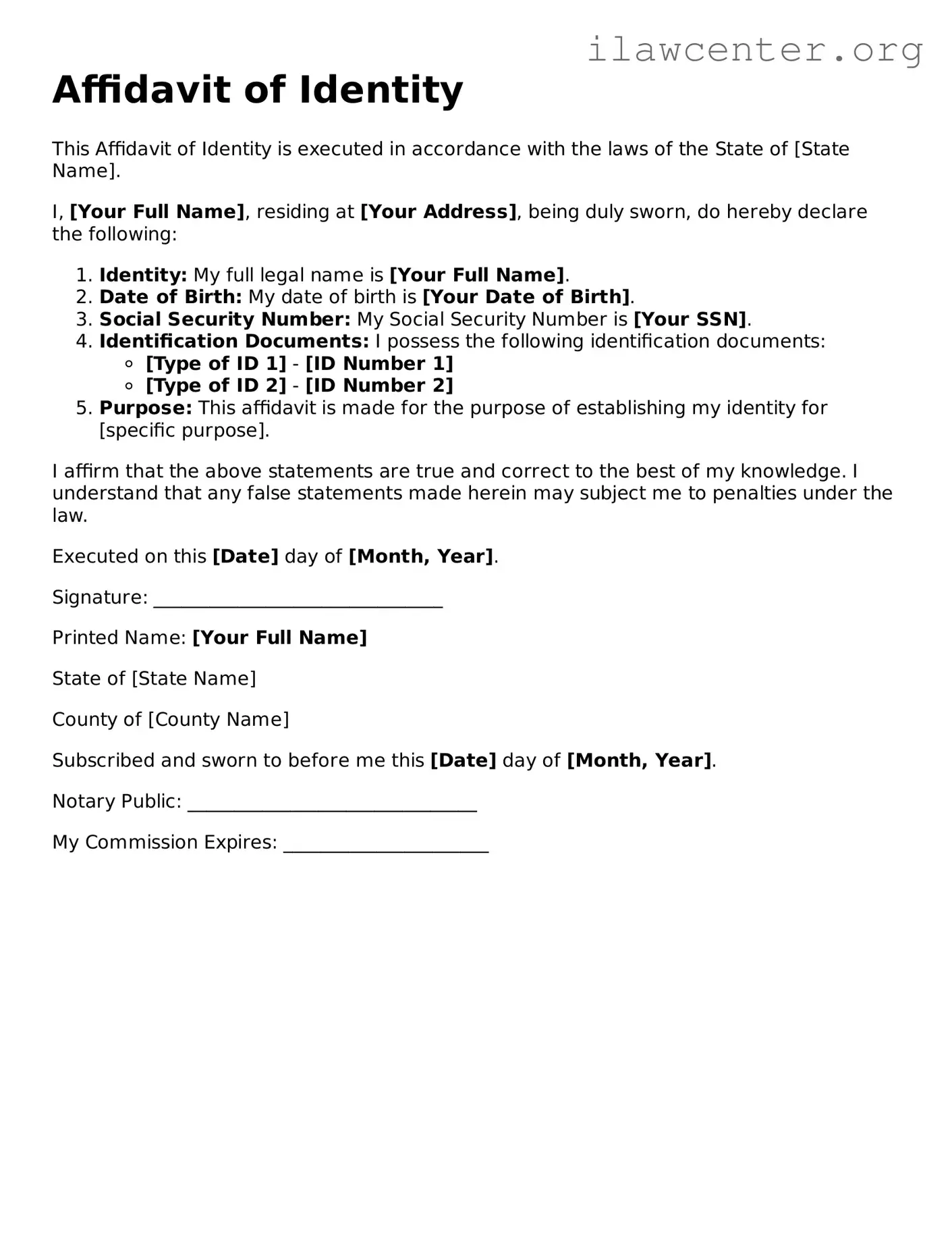 Fillable Affidavit of Identity Document