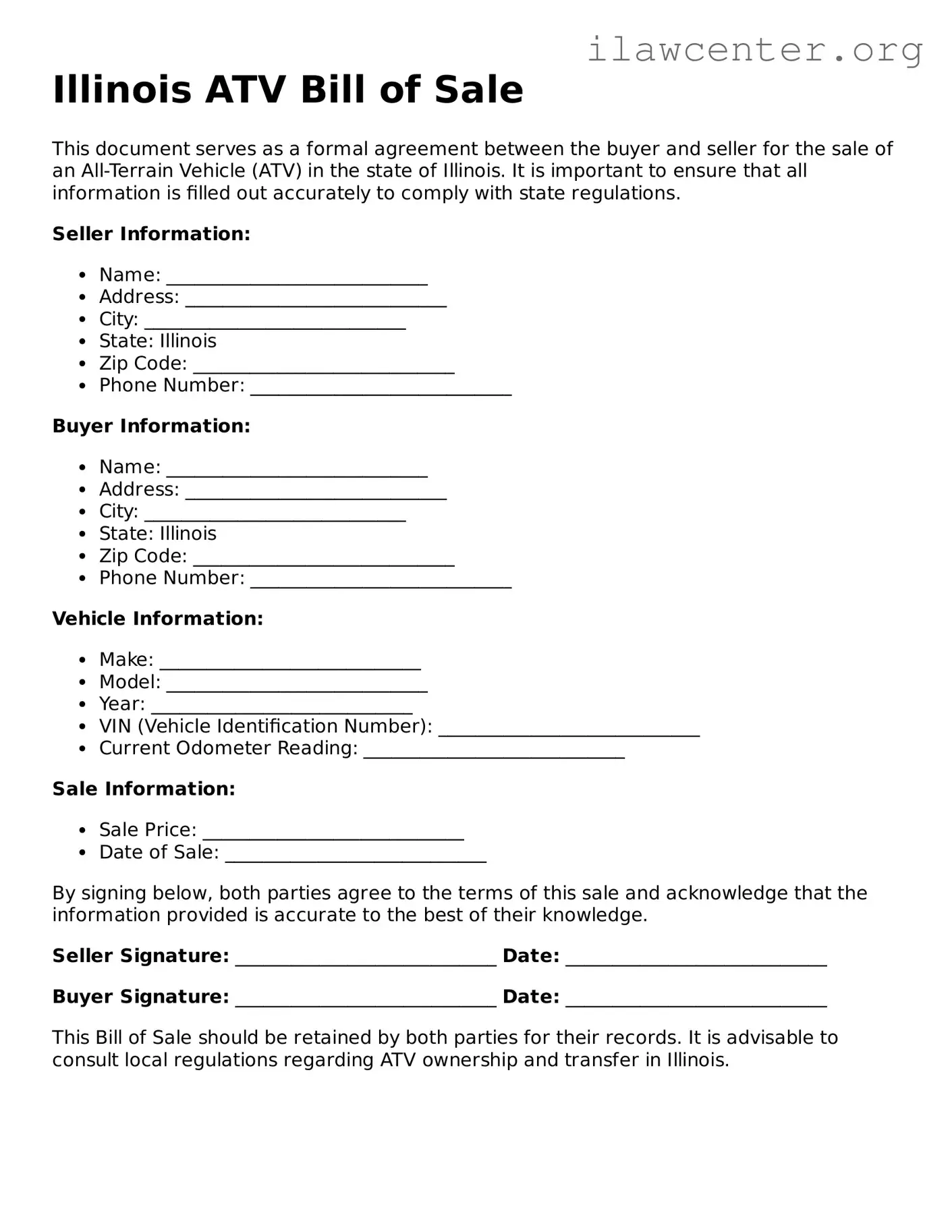 Attorney-Verified  ATV Bill of Sale Document for Illinois