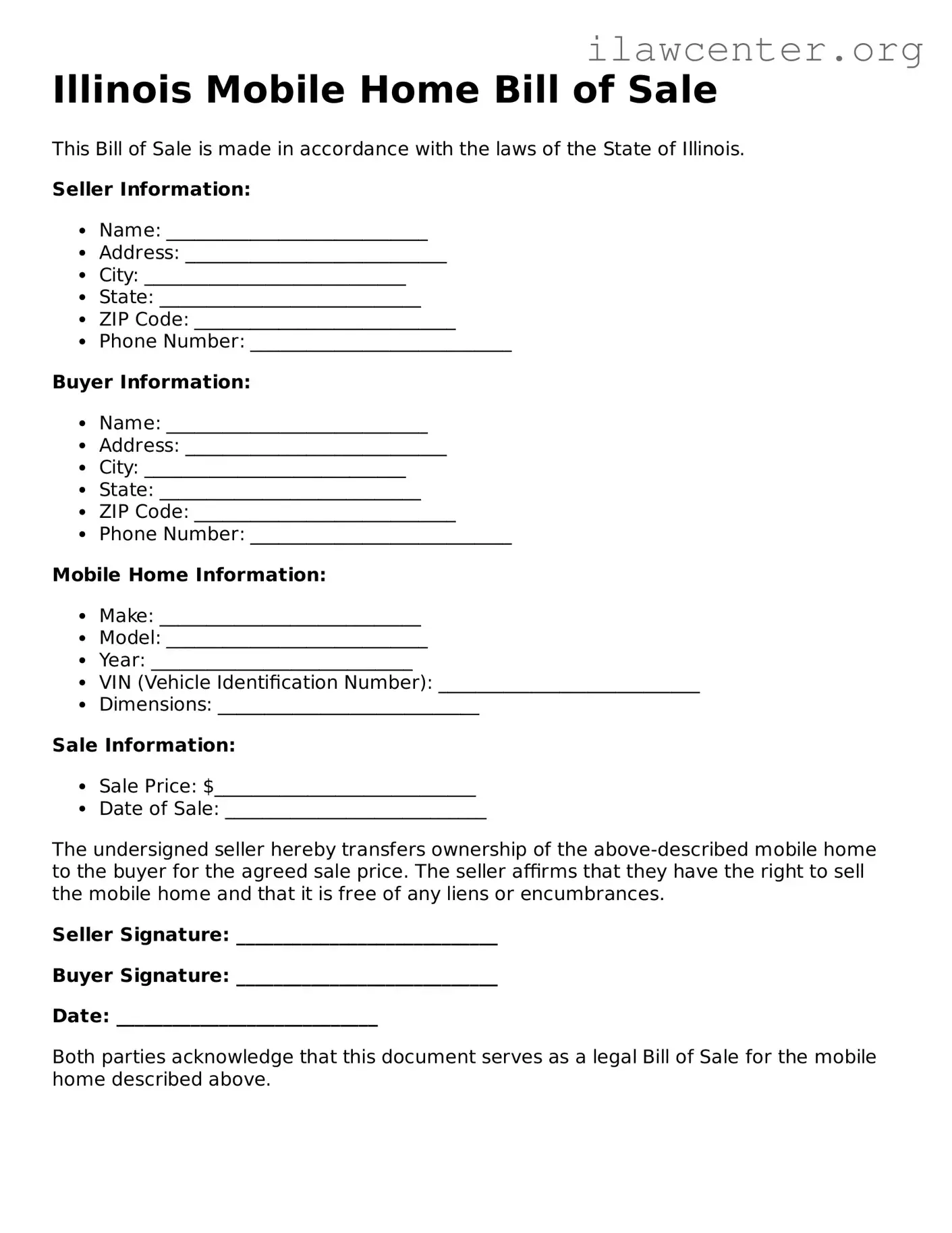 Attorney-Verified  Mobile Home Bill of Sale Document for Illinois