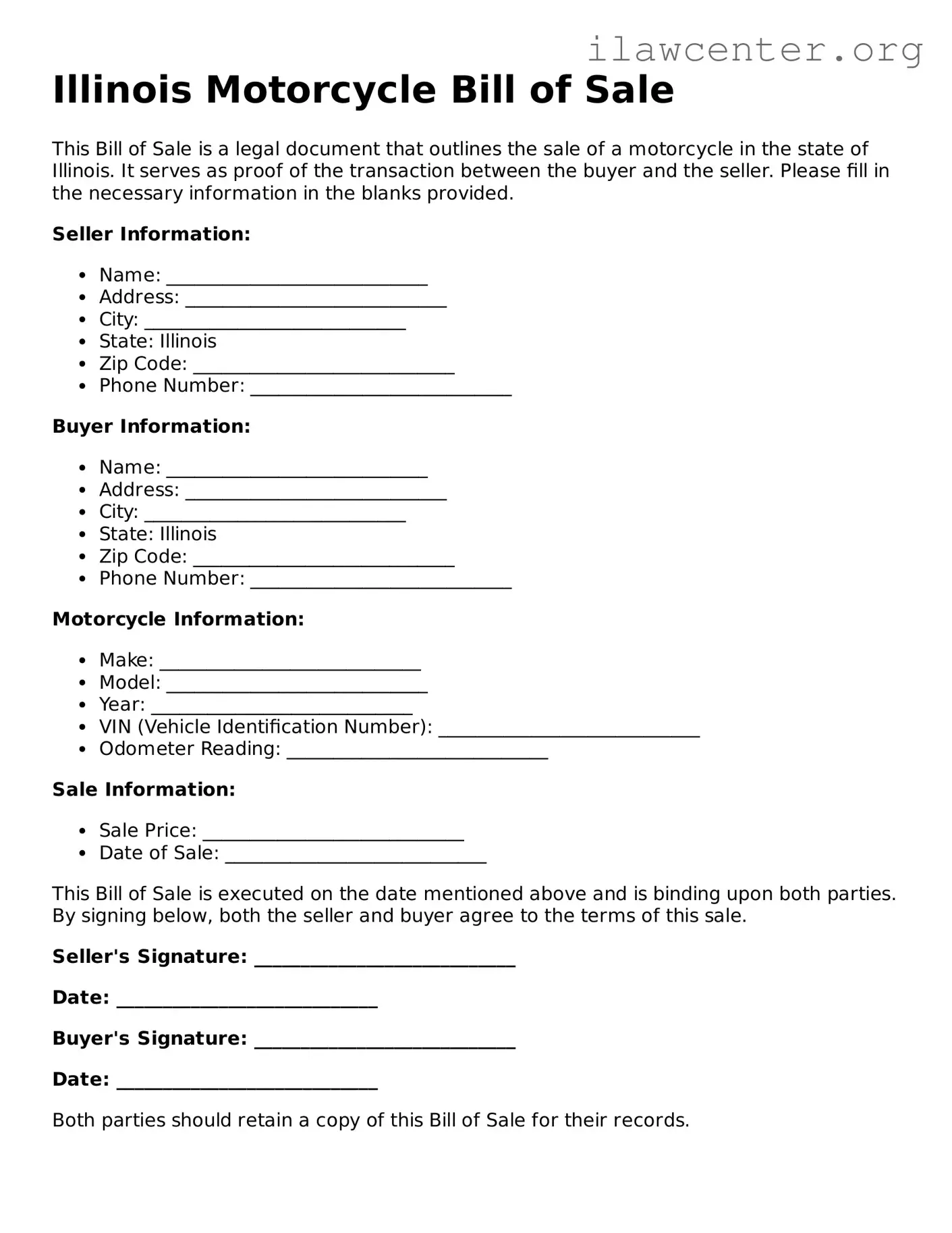 Attorney-Verified  Motorcycle Bill of Sale Document for Illinois