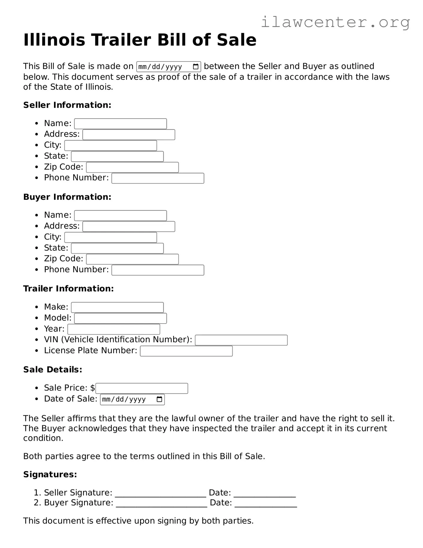 Attorney-Verified  Trailer Bill of Sale Document for Illinois