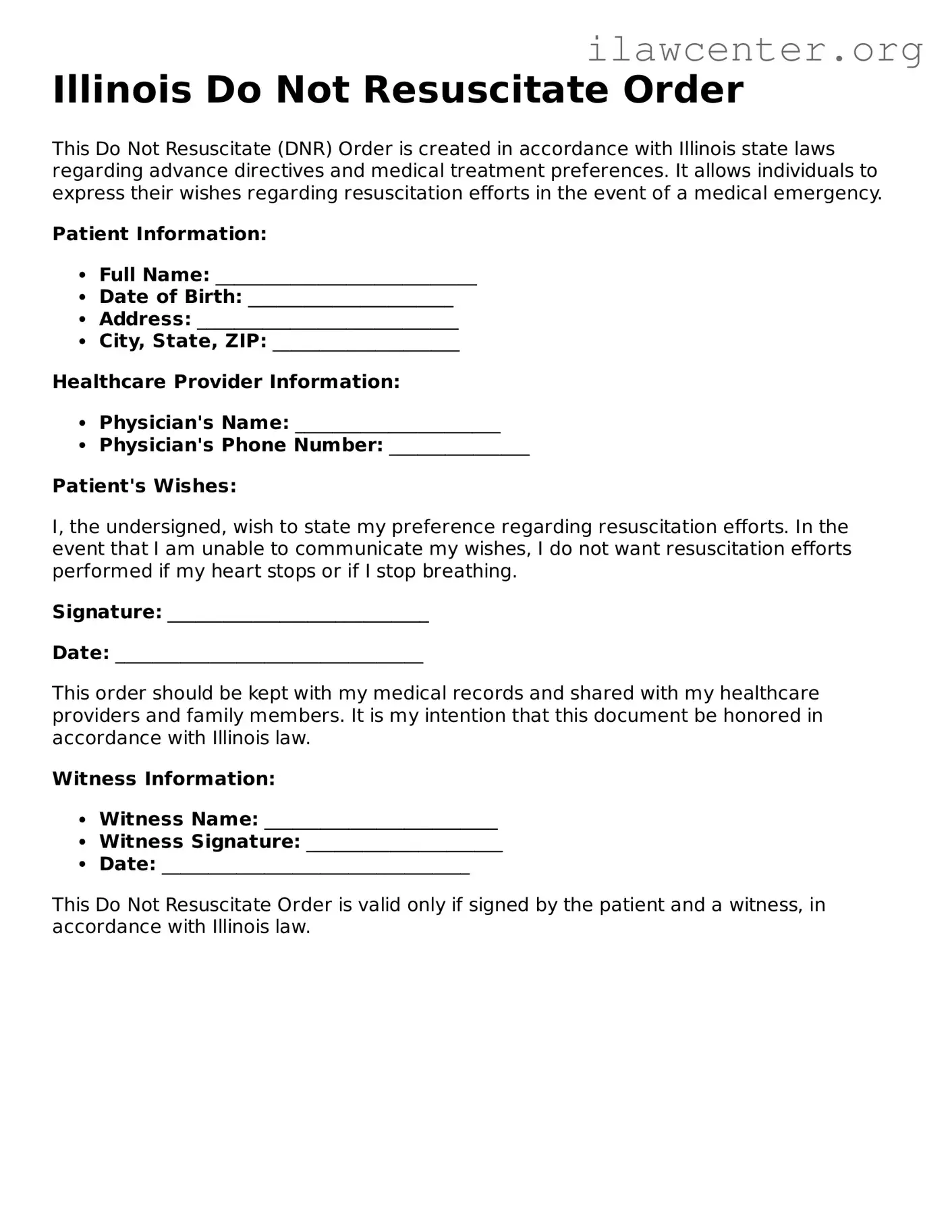 Attorney-Verified  Do Not Resuscitate Order Document for Illinois