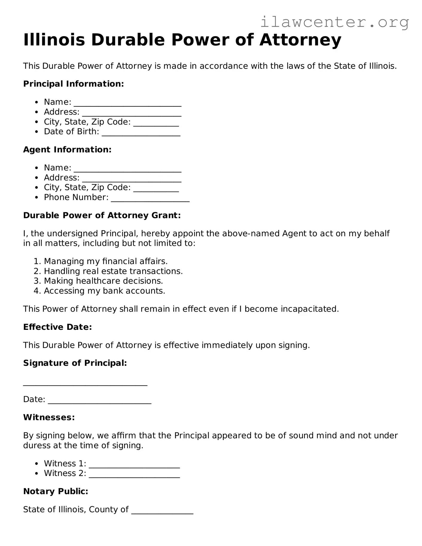 Attorney-Verified  Durable Power of Attorney Document for Illinois