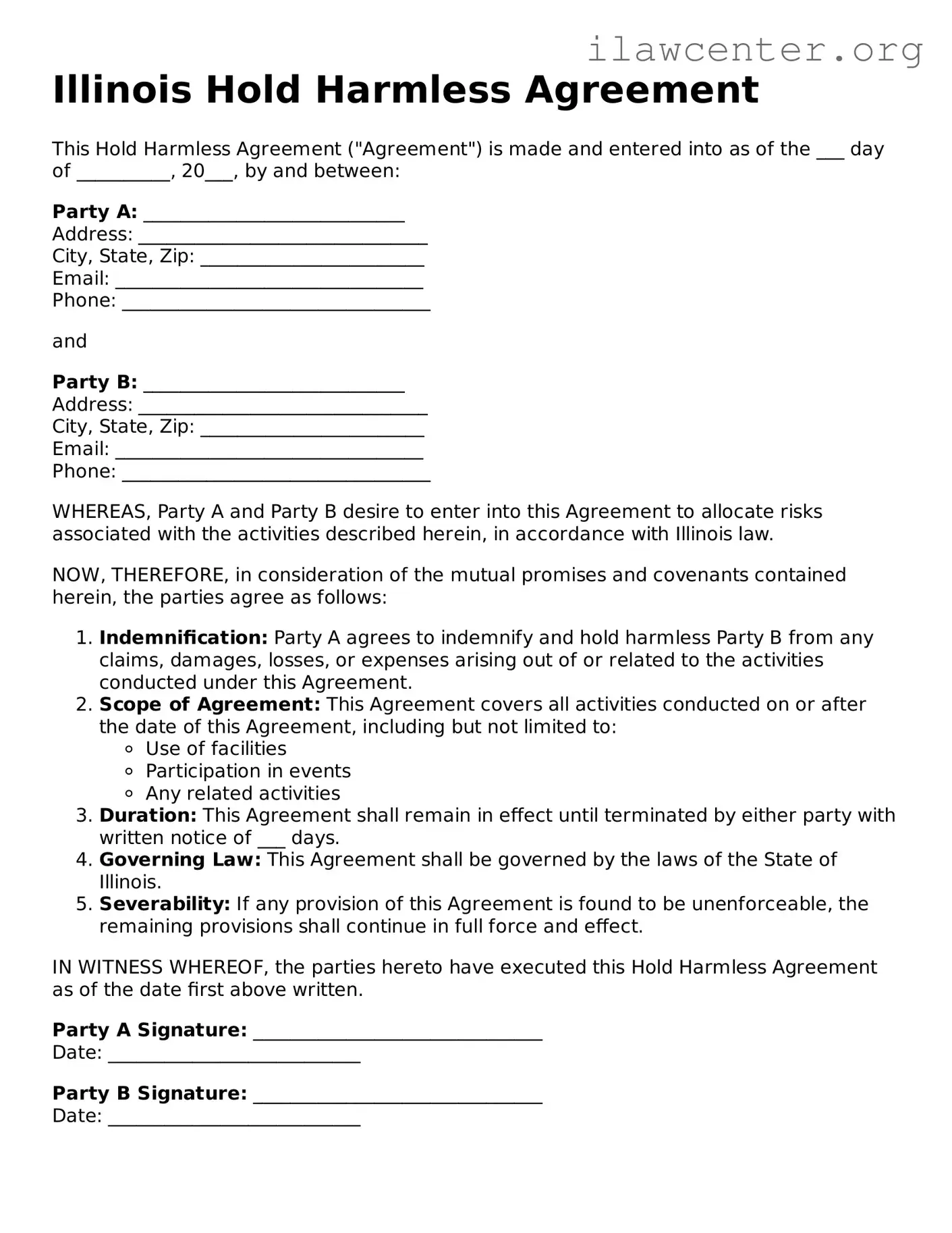 Attorney-Verified  Hold Harmless Agreement Document for Illinois