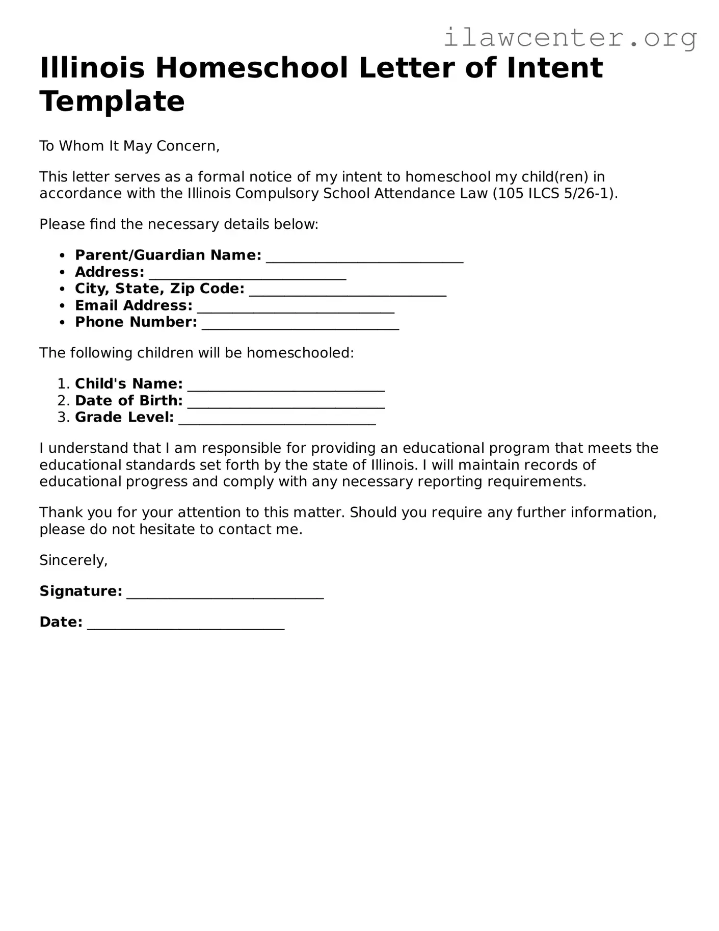 Attorney-Verified  Homeschool Letter of Intent Document for Illinois