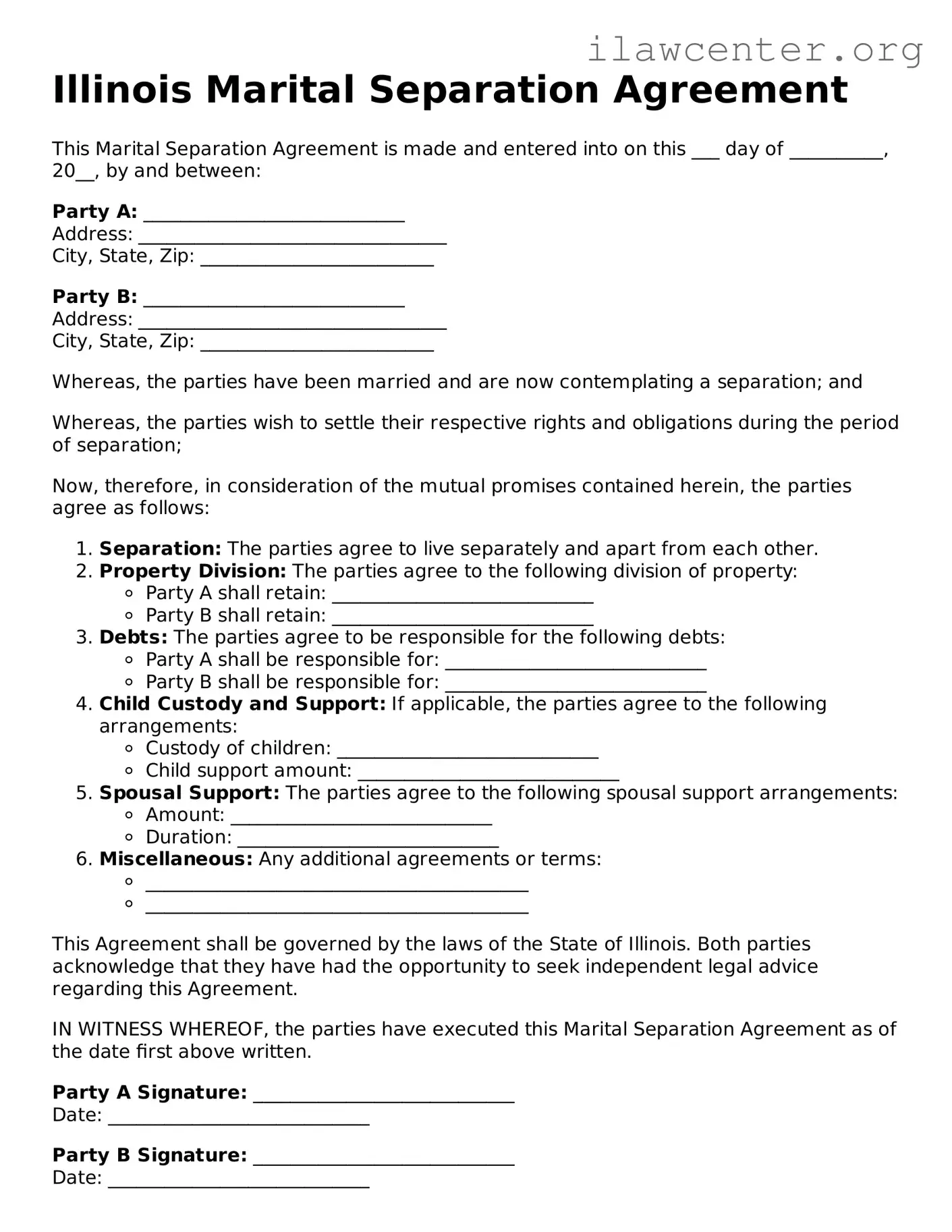 Attorney-Verified  Marital Separation Agreement Document for Illinois