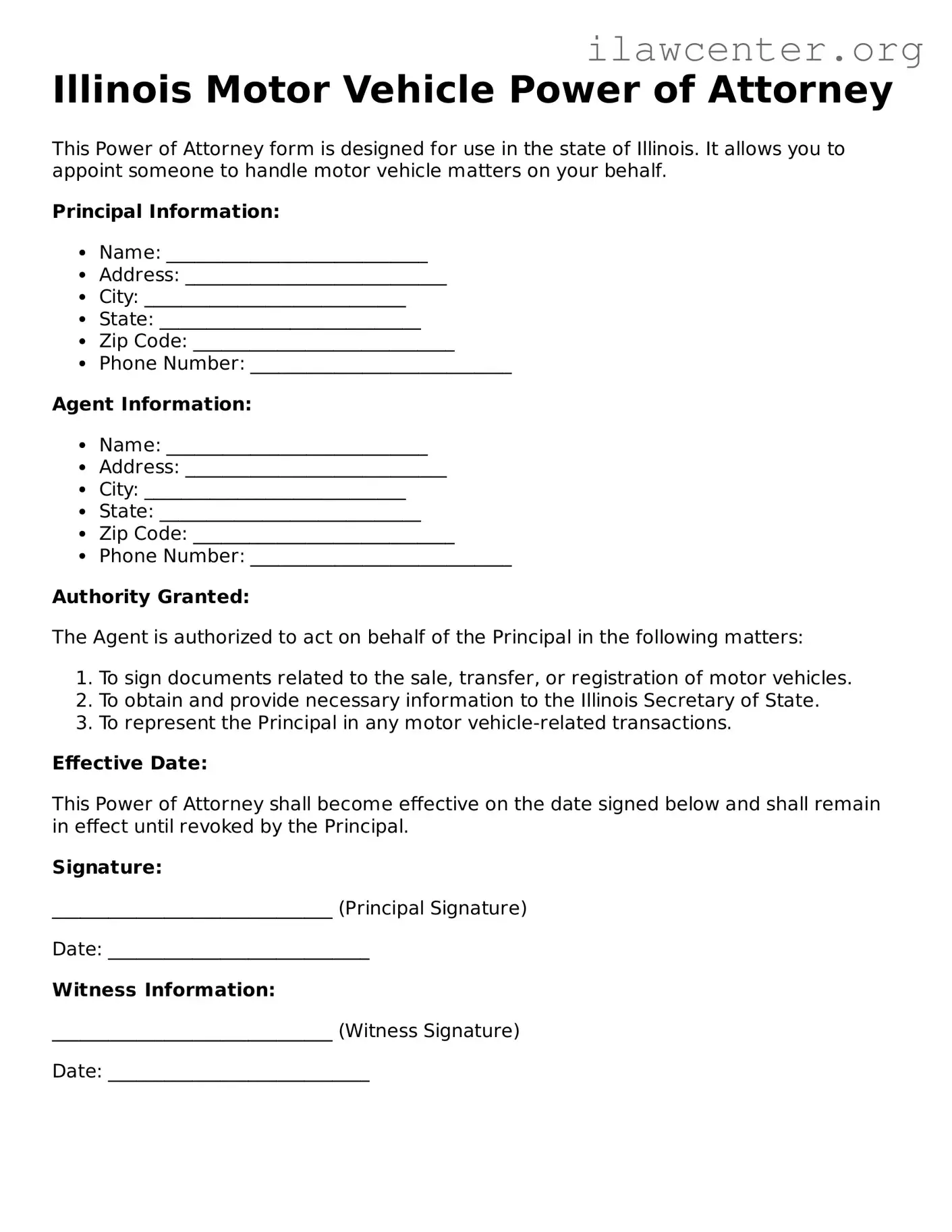 Attorney-Verified  Motor Vehicle Power of Attorney Document for Illinois