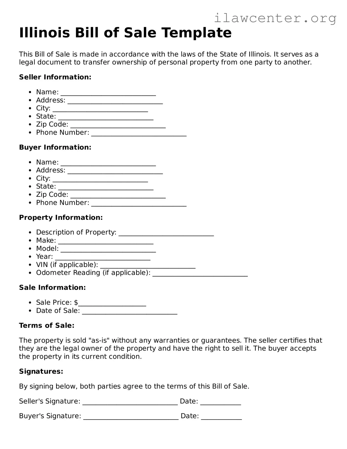 Attorney-Verified  Bill of Sale Document for Illinois