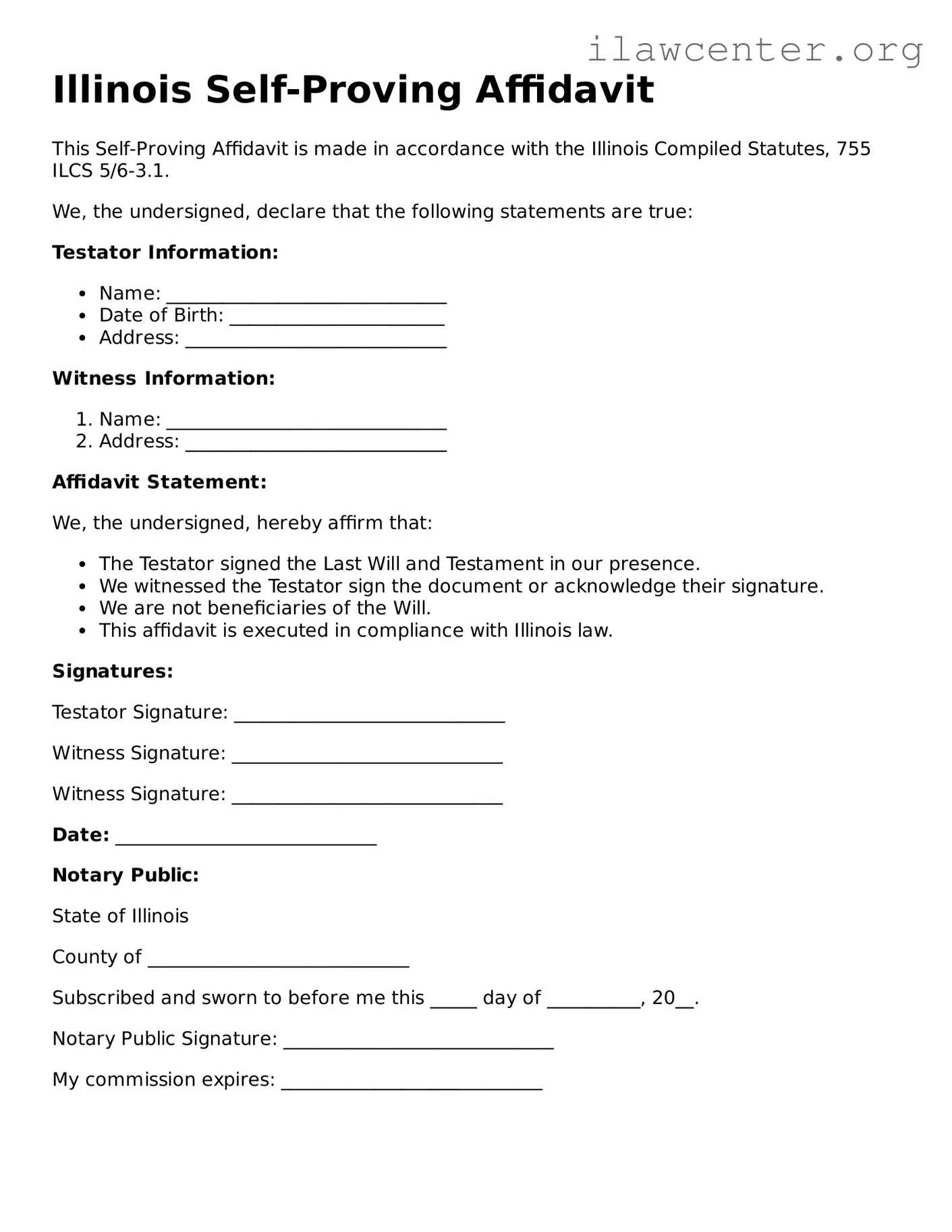 Attorney-Verified  Self-Proving Affidavit Document for Illinois