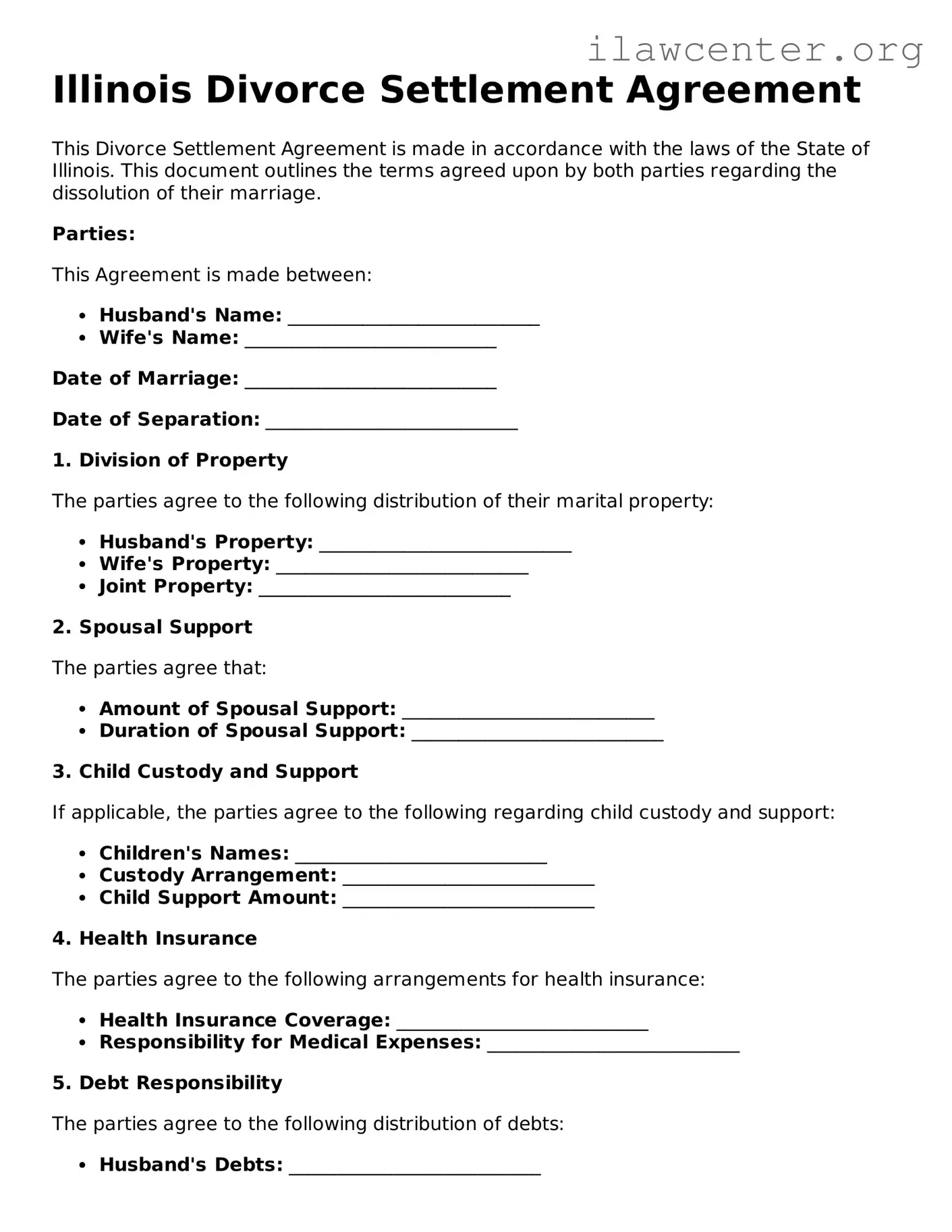 Attorney-Verified  Divorce Settlement Agreement Document for Illinois