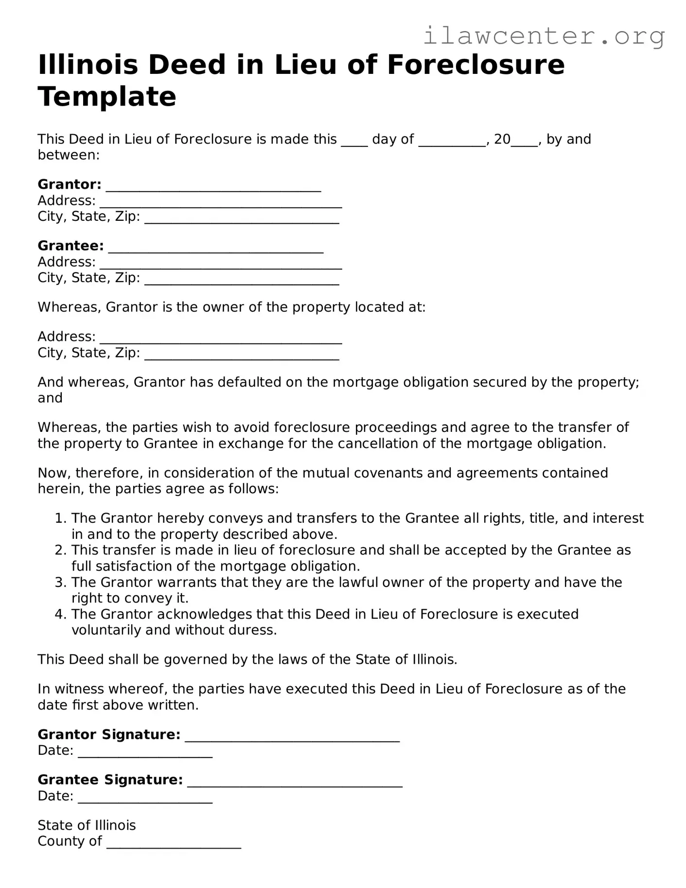 Attorney-Verified  Deed in Lieu of Foreclosure Document for Illinois