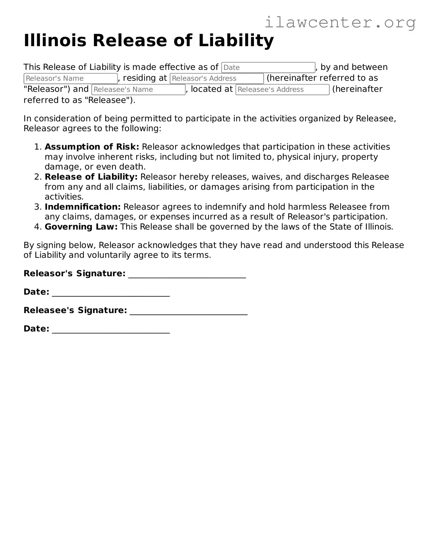 Attorney-Verified  Release of Liability Document for Illinois