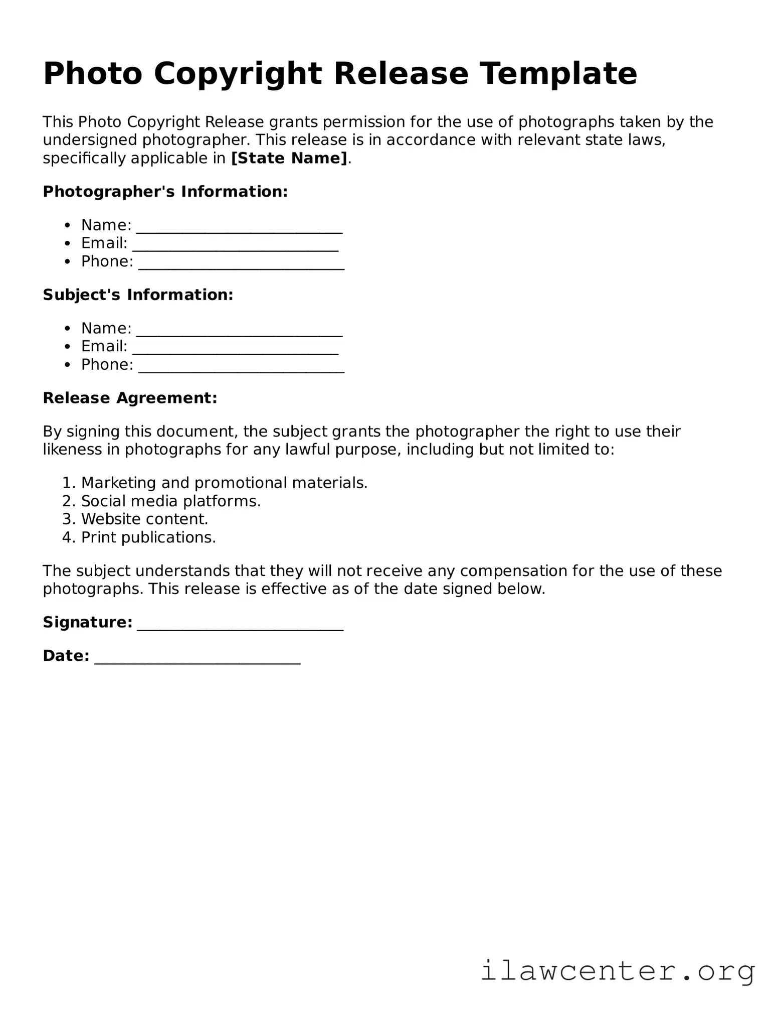 Fillable Photo Copyright Release Document