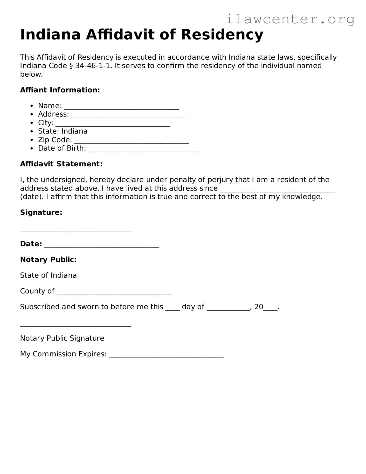 Attorney-Verified  Affidavit of Residency Document for Indiana