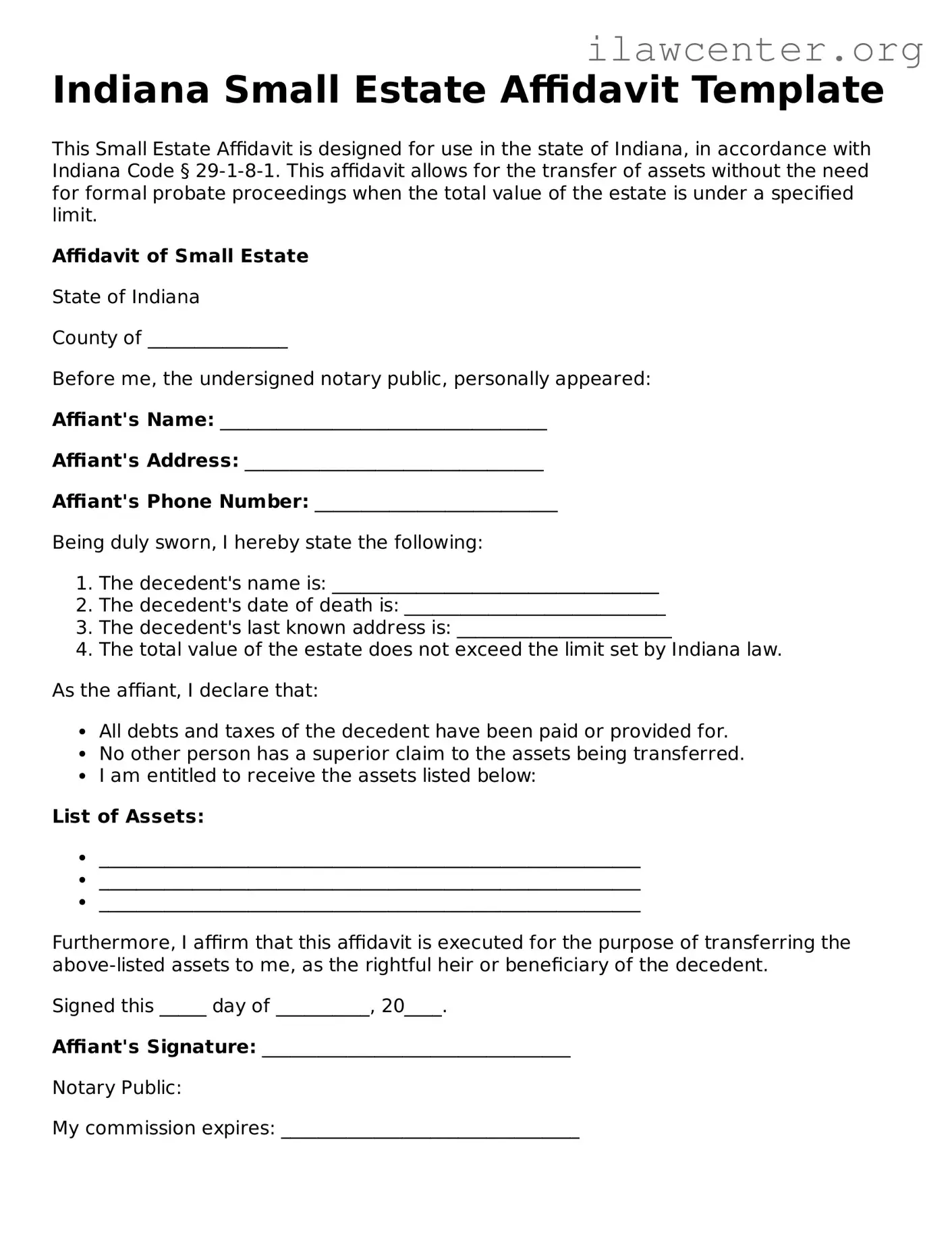 Attorney-Verified  Small Estate Affidavit Document for Indiana