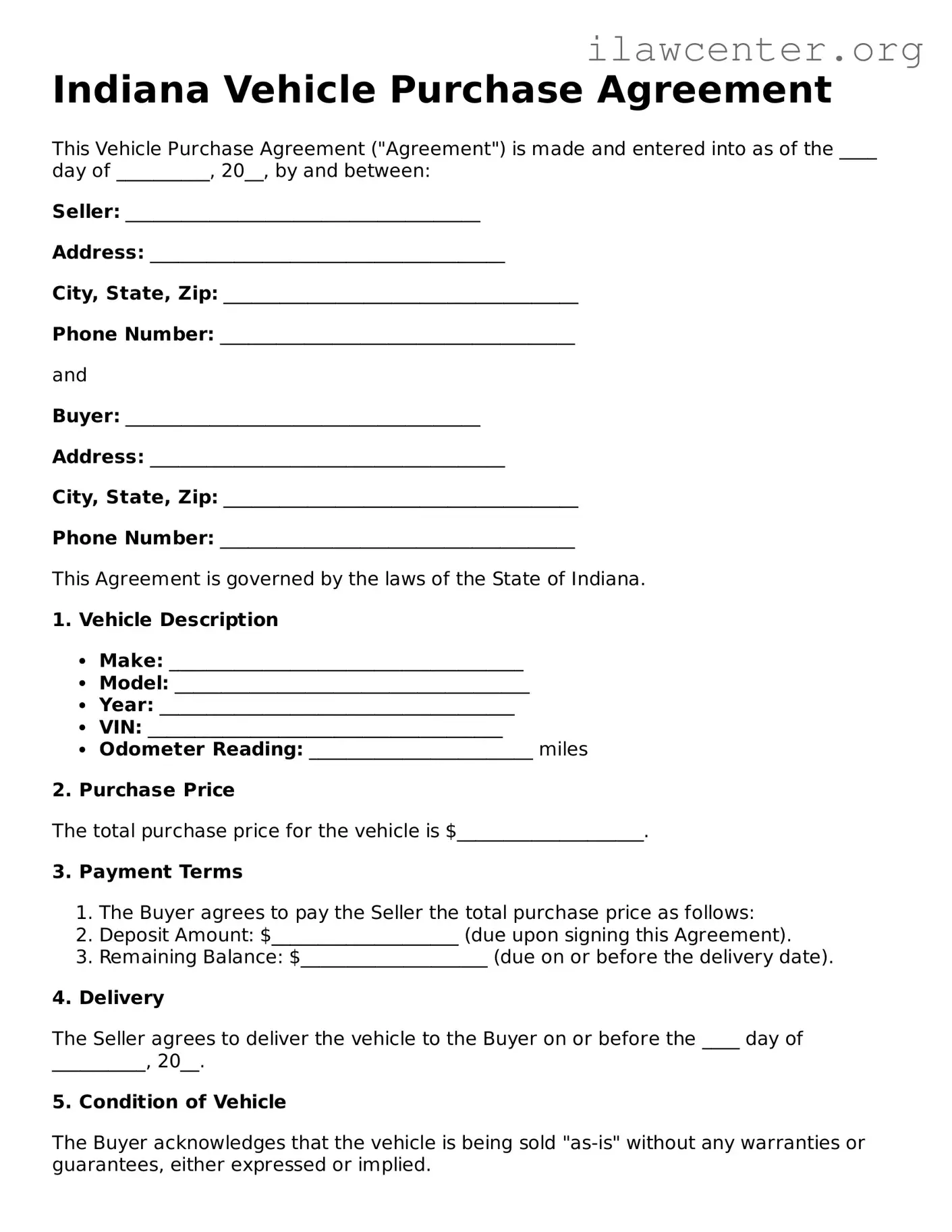 Attorney-Verified  Vehicle Purchase Agreement Document for Indiana
