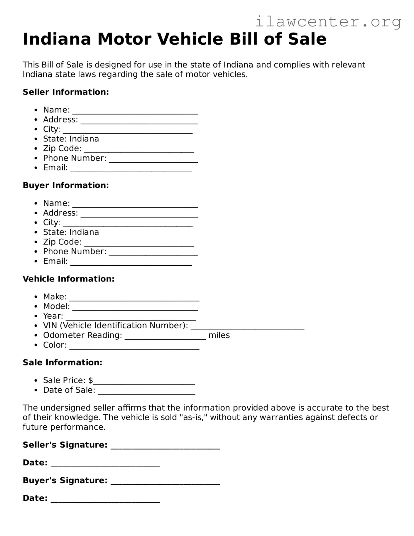Attorney-Verified  Motor Vehicle Bill of Sale Document for Indiana