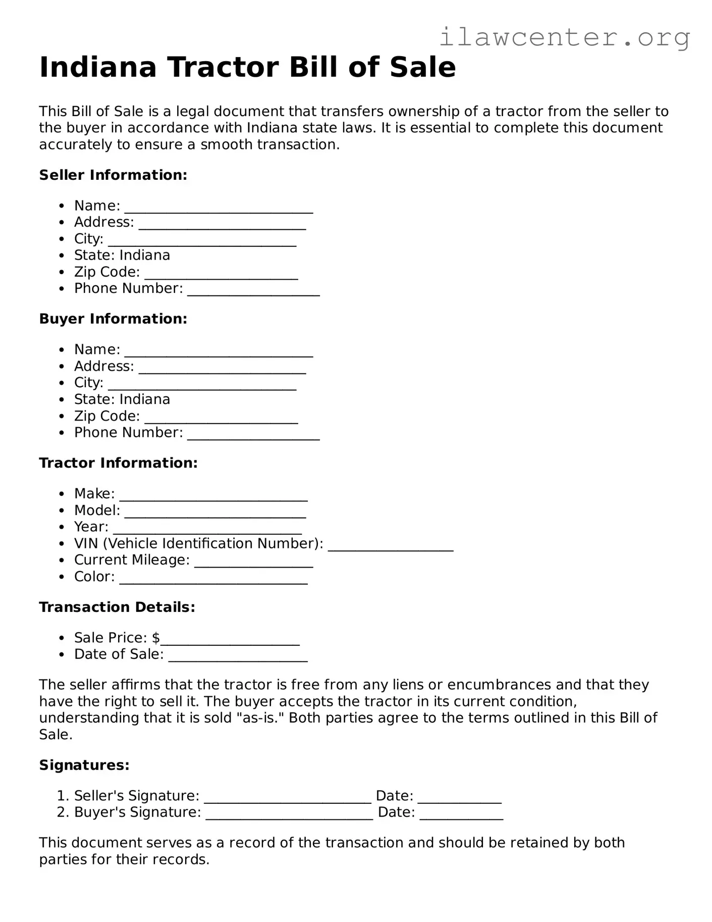 Attorney-Verified  Tractor Bill of Sale Document for Indiana