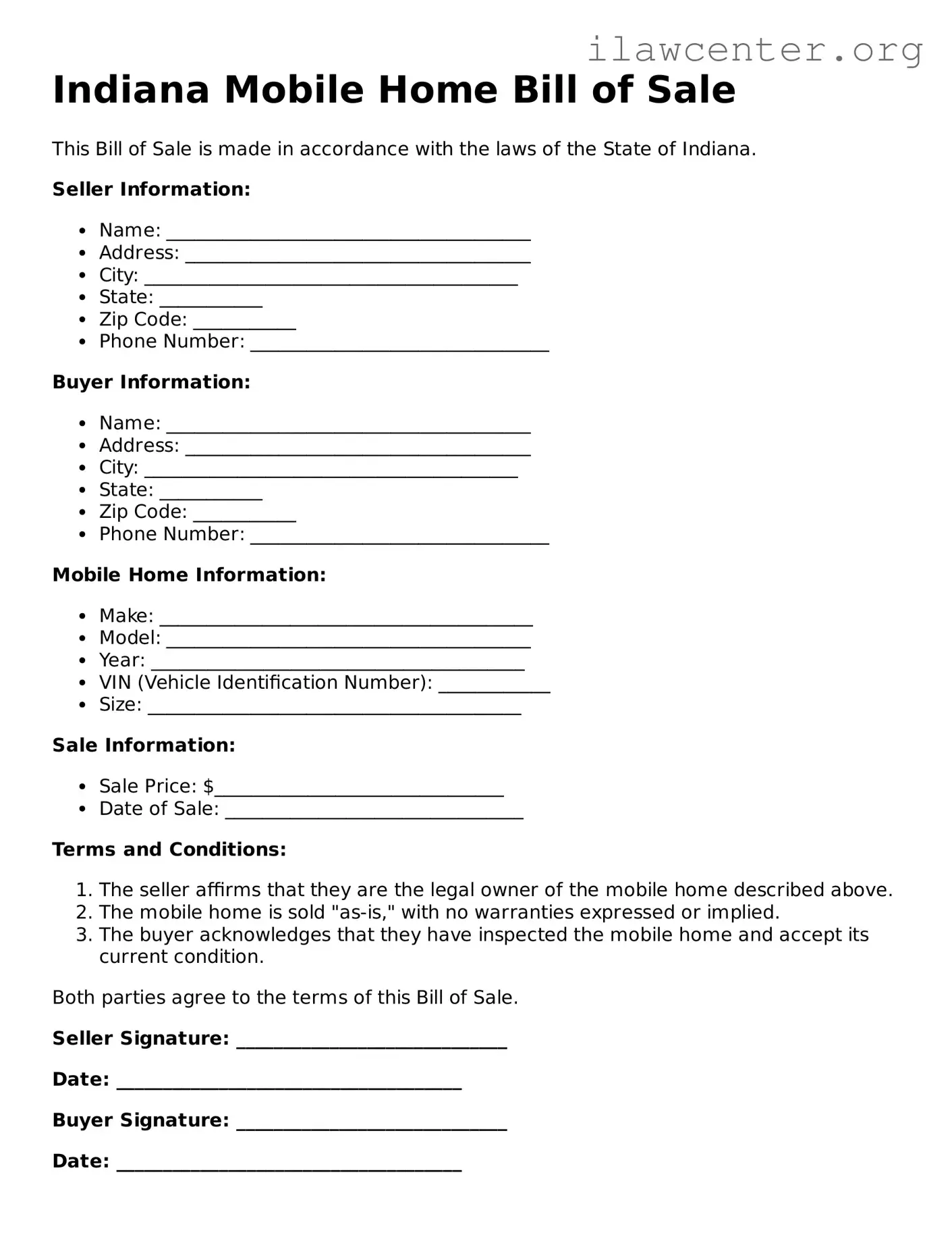Attorney-Verified  Mobile Home Bill of Sale Document for Indiana
