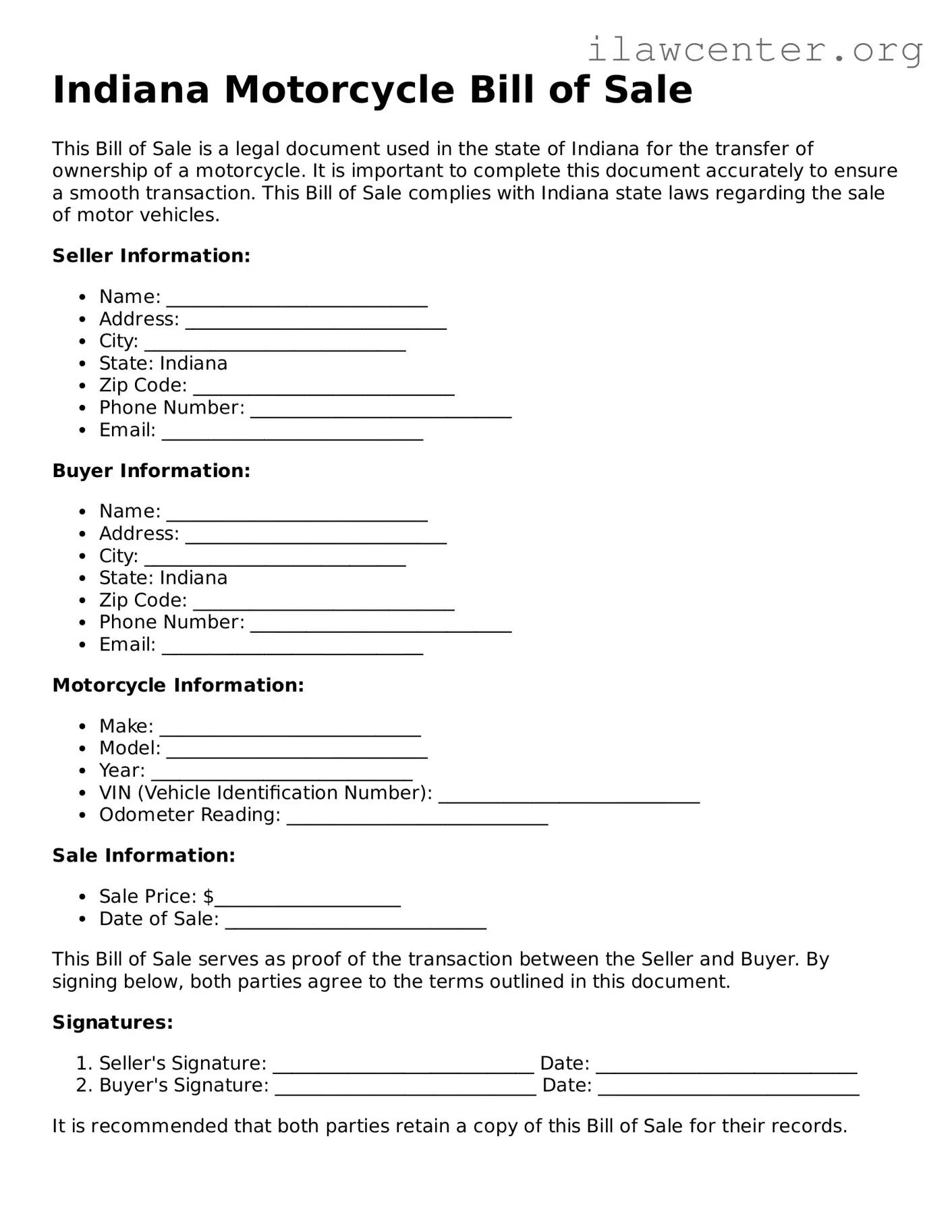 Attorney-Verified  Motorcycle Bill of Sale Document for Indiana