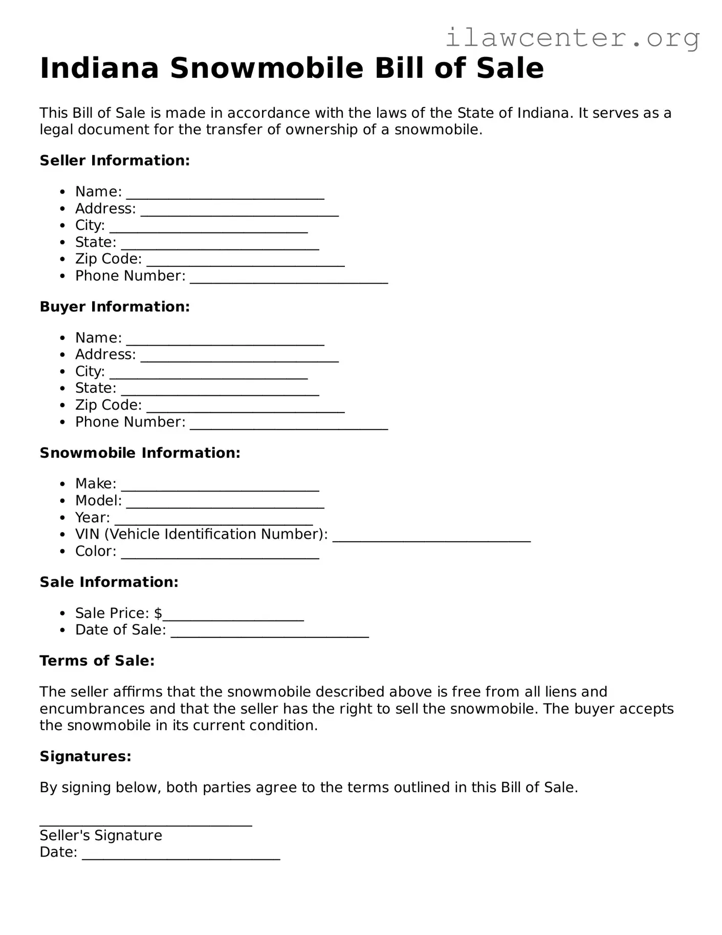 Attorney-Verified  Snowmobile Bill of Sale Document for Indiana