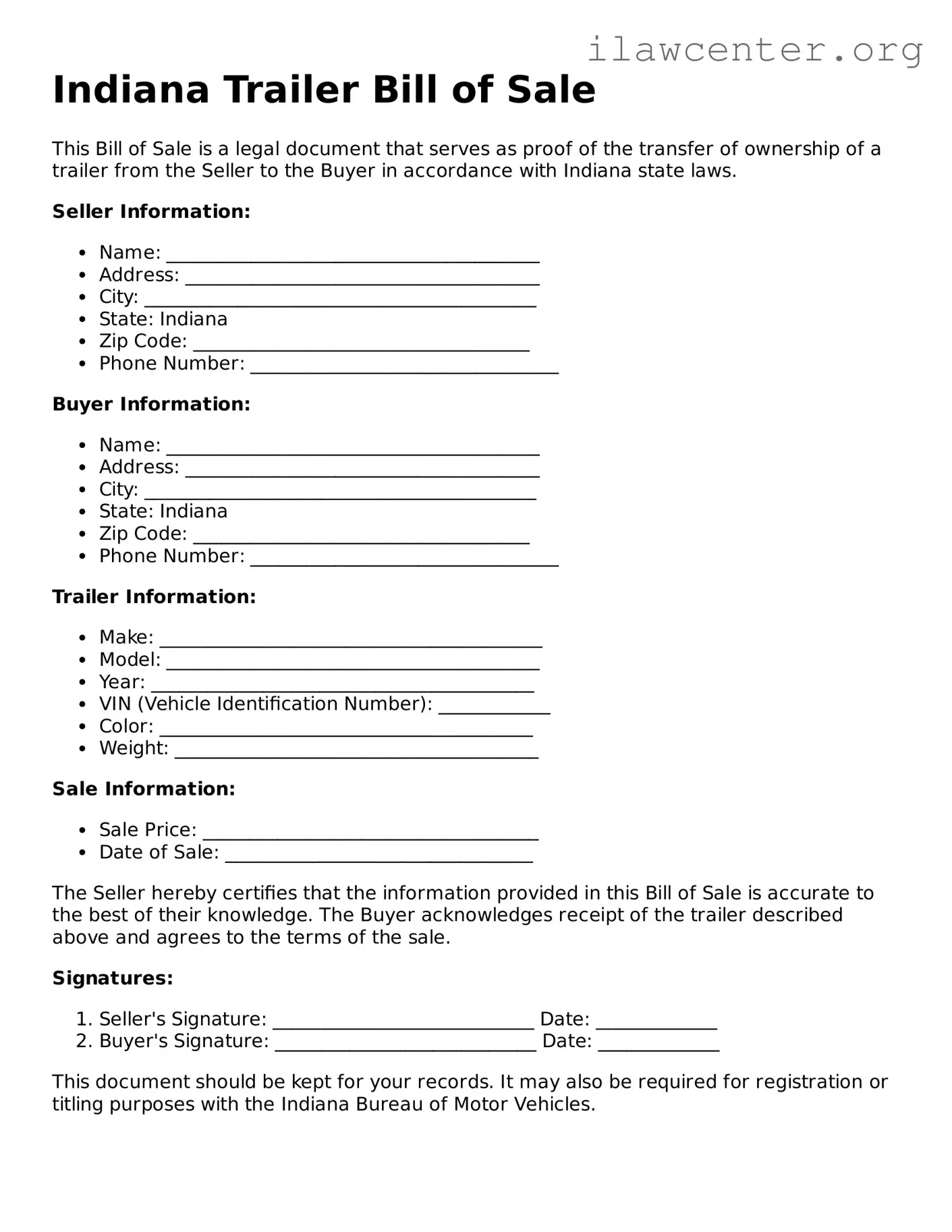 Attorney-Verified  Trailer Bill of Sale Document for Indiana