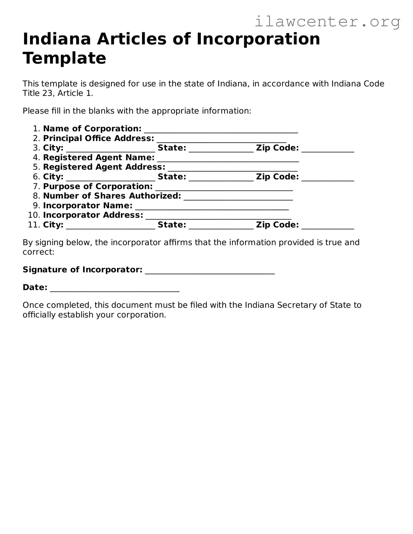 Attorney-Verified  Articles of Incorporation Document for Indiana