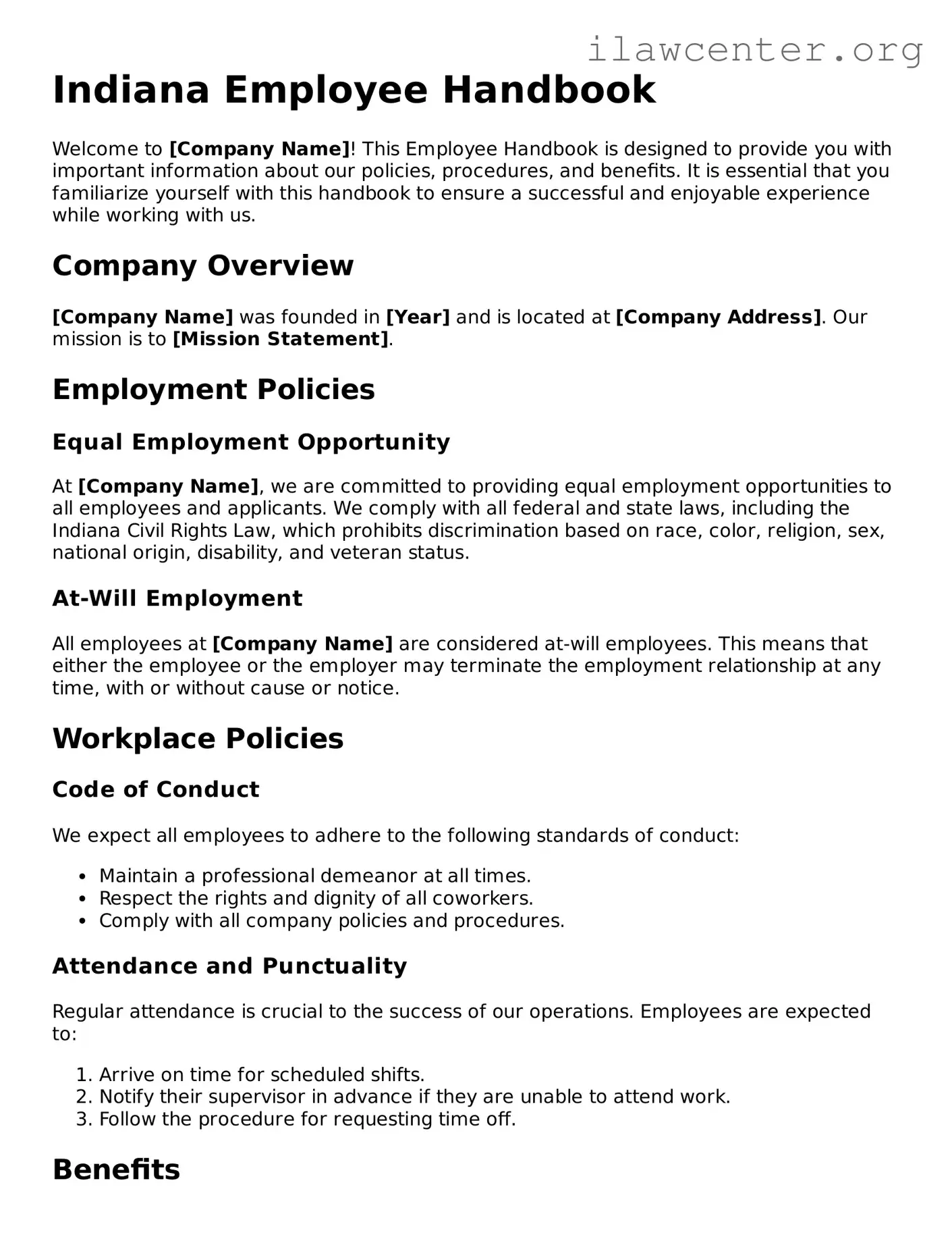 Attorney-Verified  Employee Handbook Document for Indiana