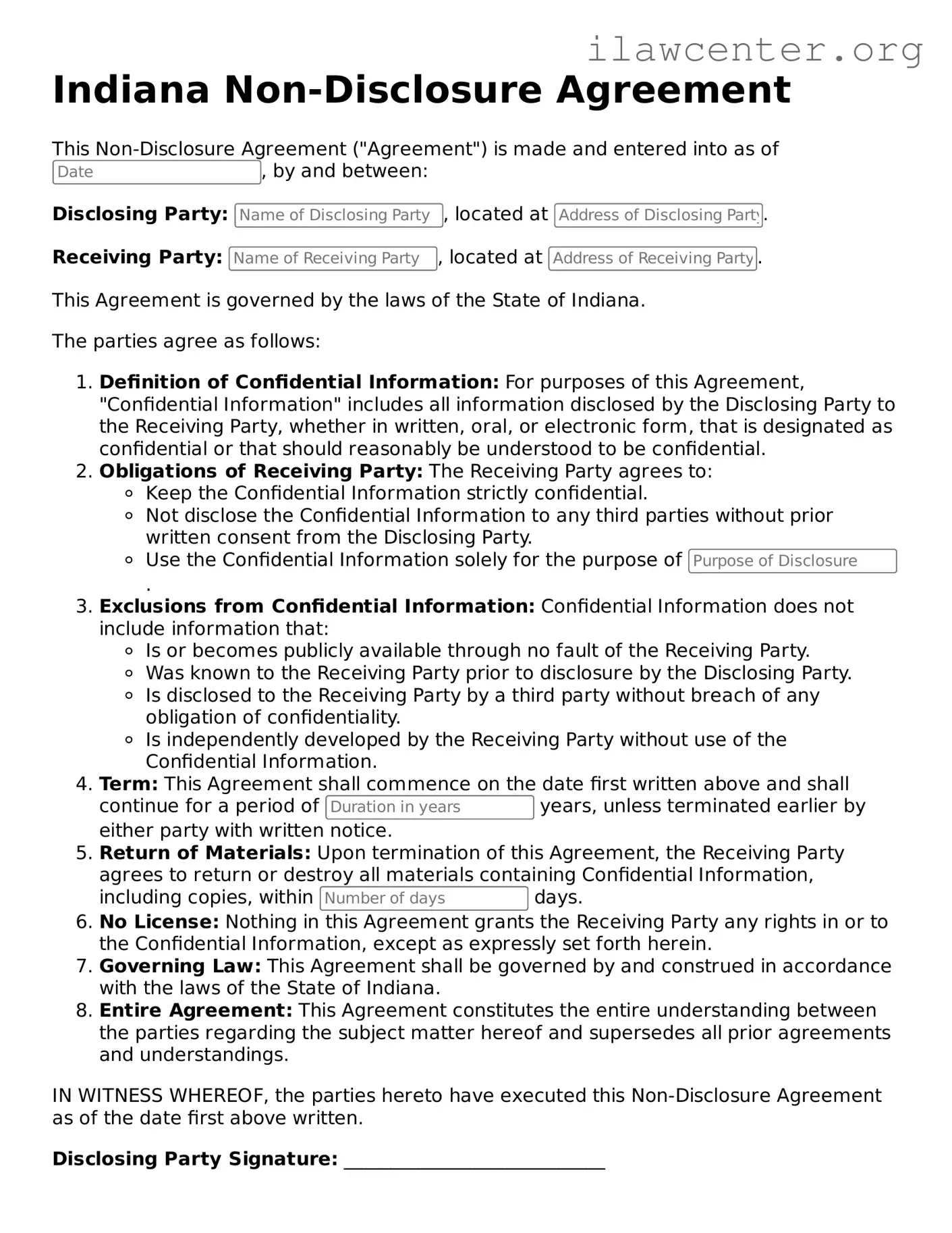 Attorney-Verified  Non-disclosure Agreement Document for Indiana