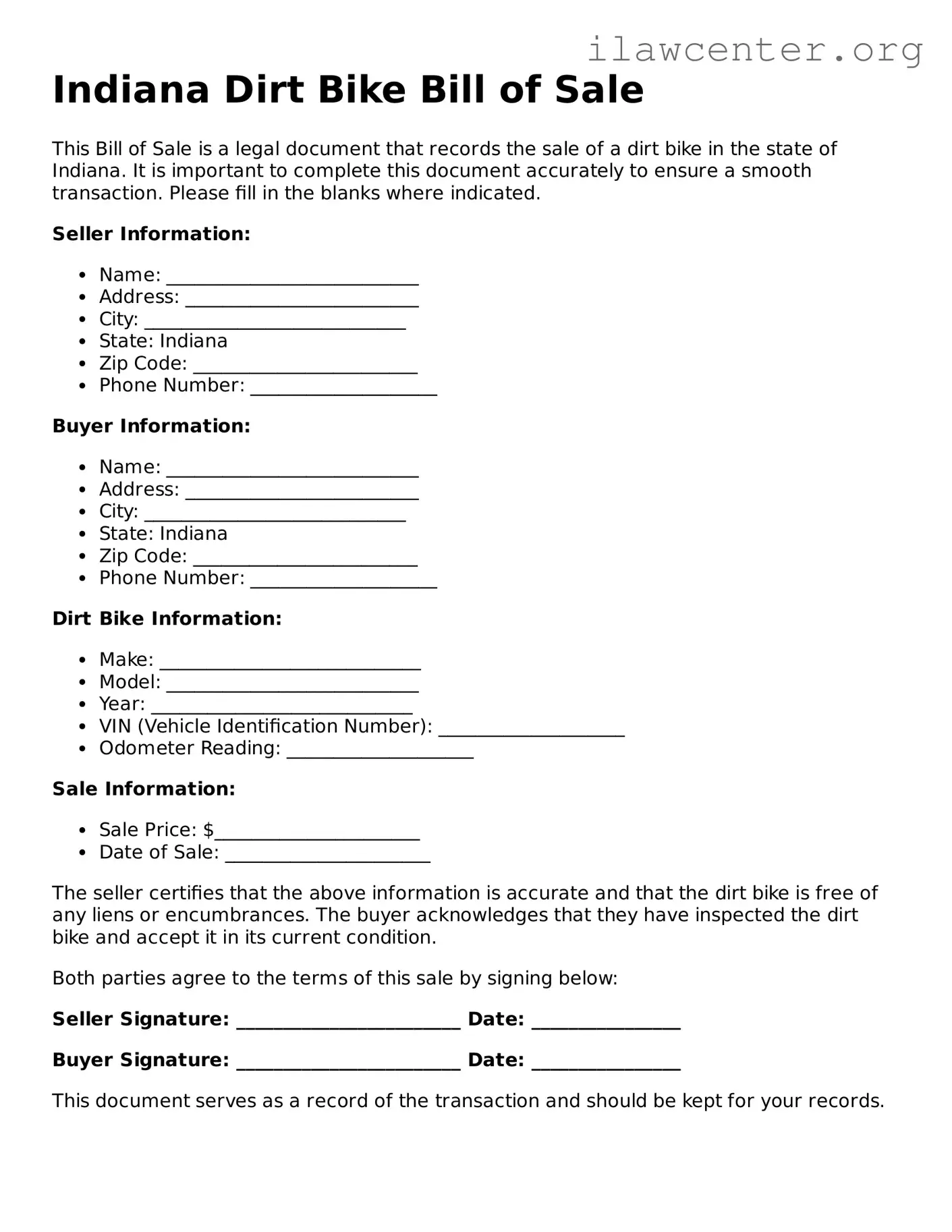 Attorney-Verified  Dirt Bike Bill of Sale Document for Indiana