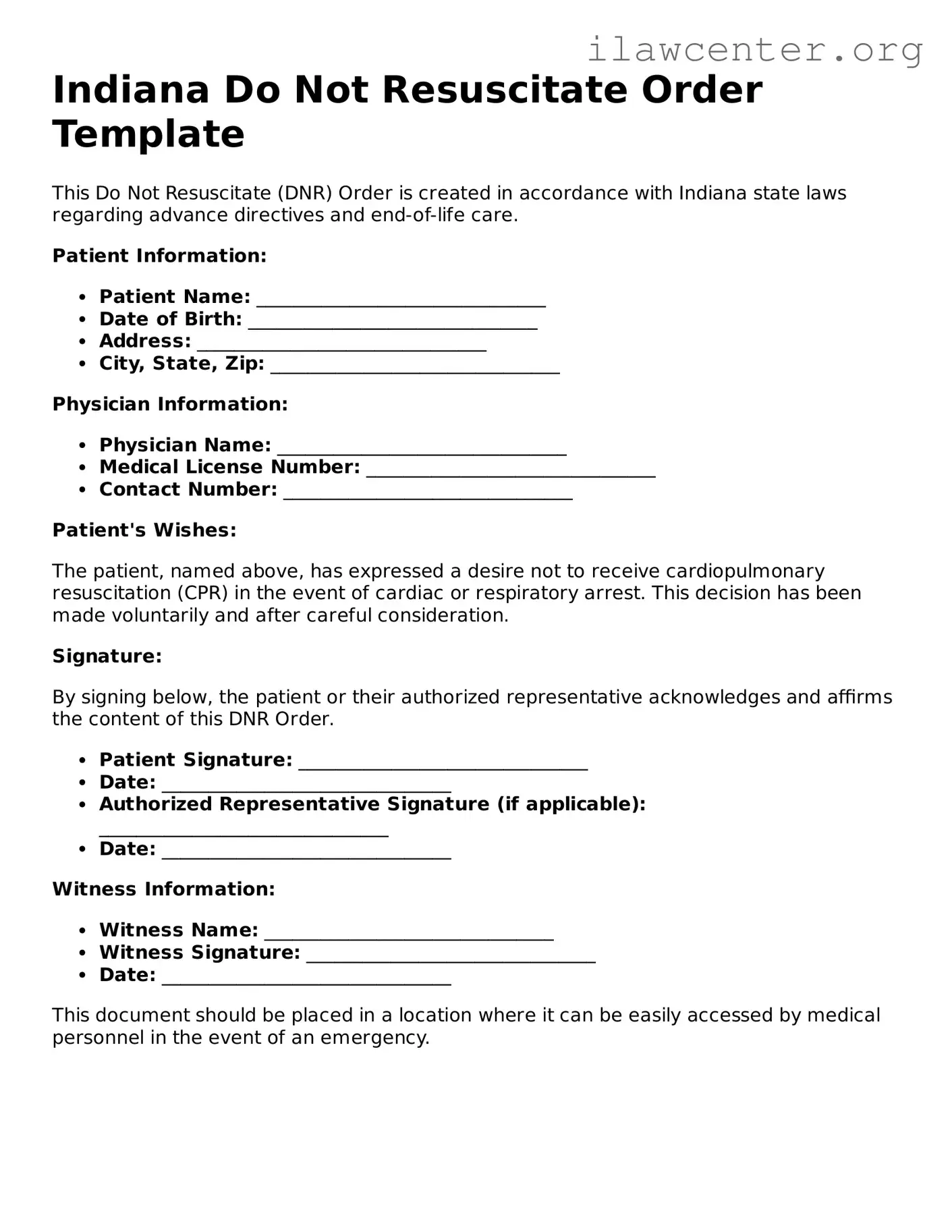 Attorney-Verified  Do Not Resuscitate Order Document for Indiana