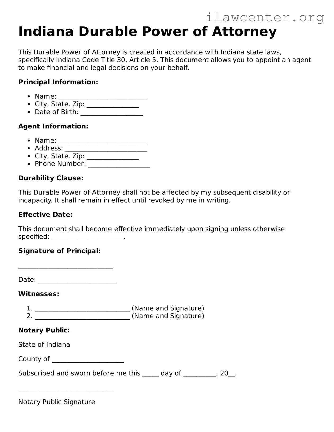 Attorney-Verified  Durable Power of Attorney Document for Indiana