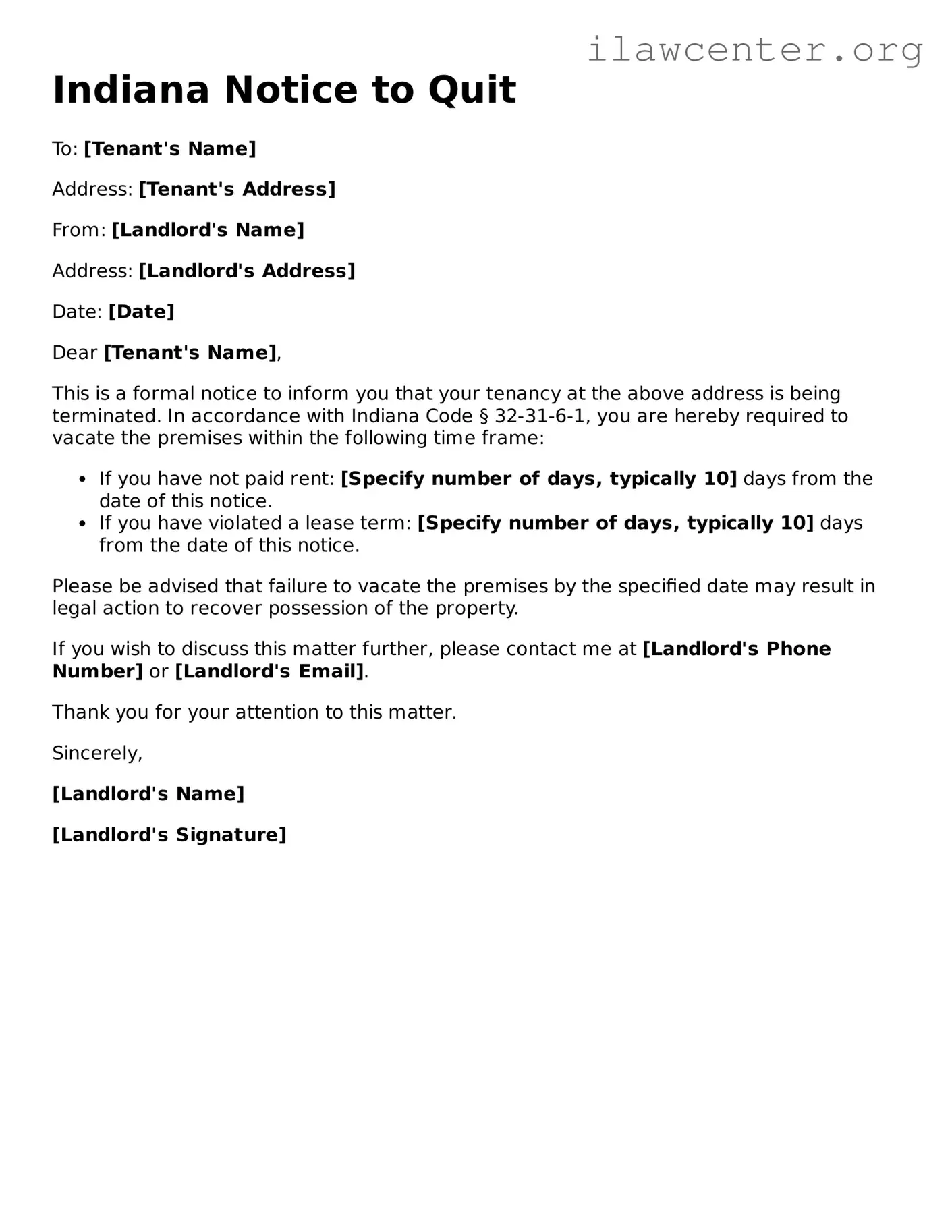 Attorney-Verified  Notice to Quit Document for Indiana