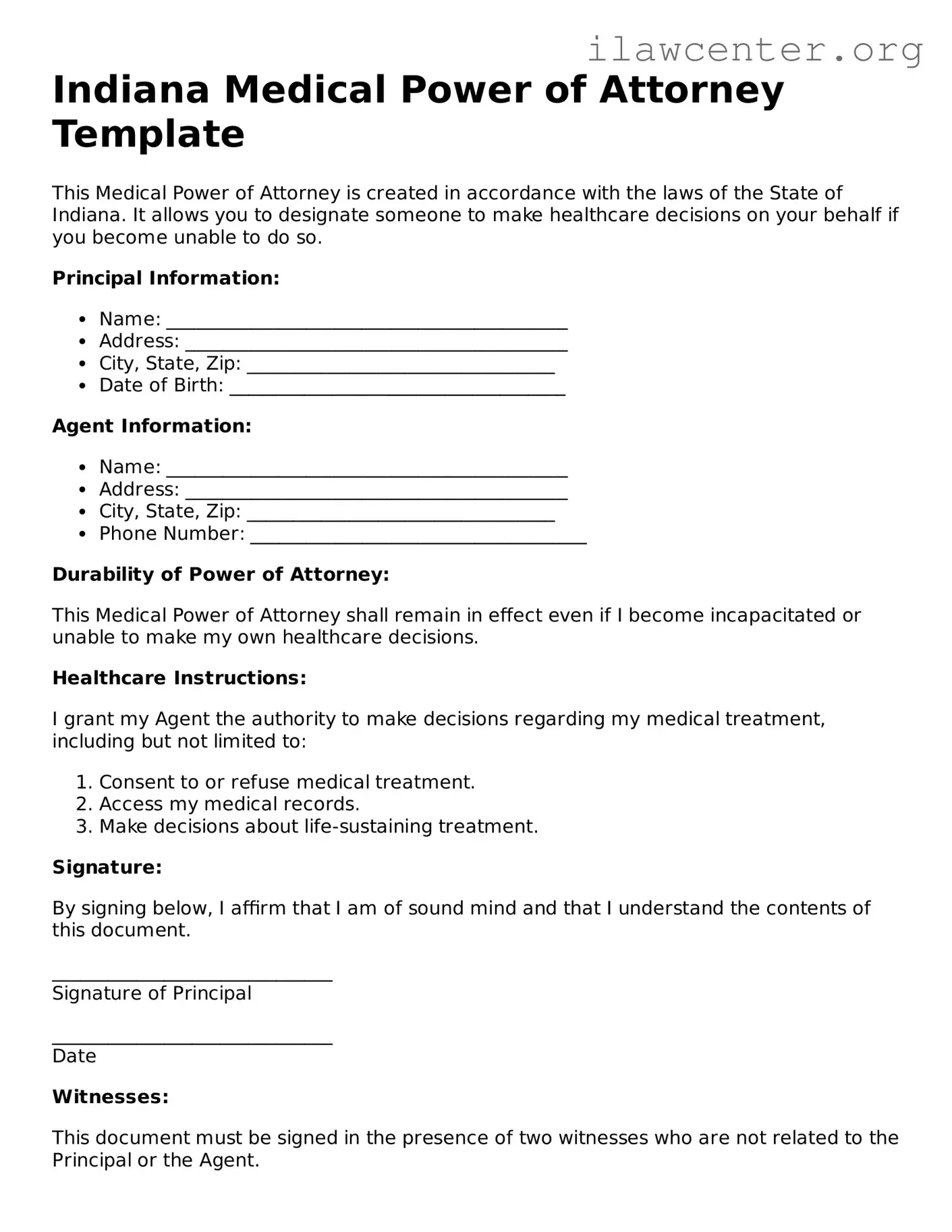 Attorney-Verified  Medical Power of Attorney Document for Indiana