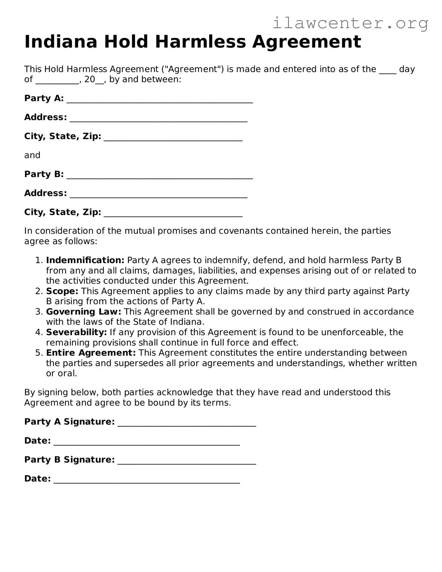 Attorney-Verified  Hold Harmless Agreement Document for Indiana