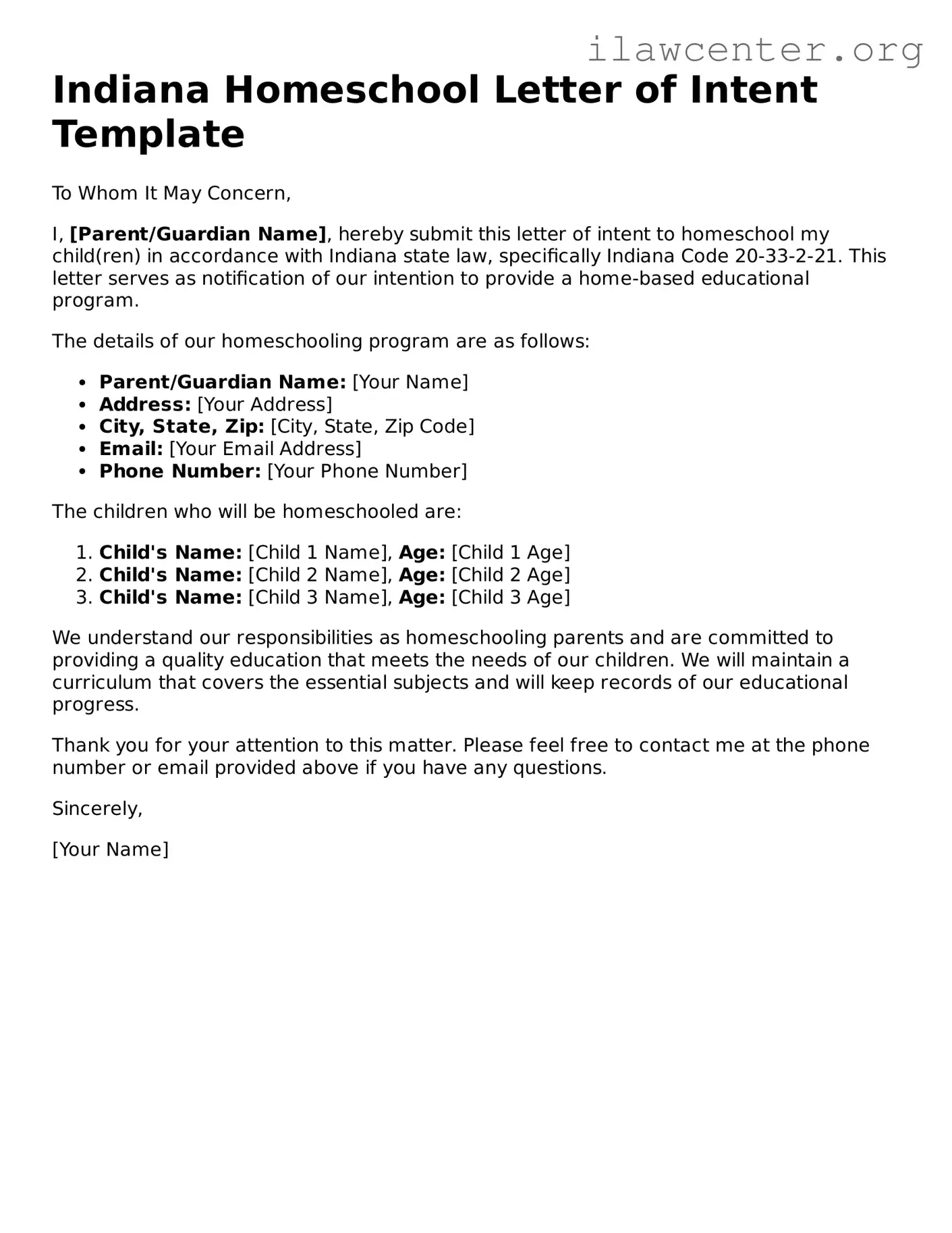 Attorney-Verified  Homeschool Letter of Intent Document for Indiana