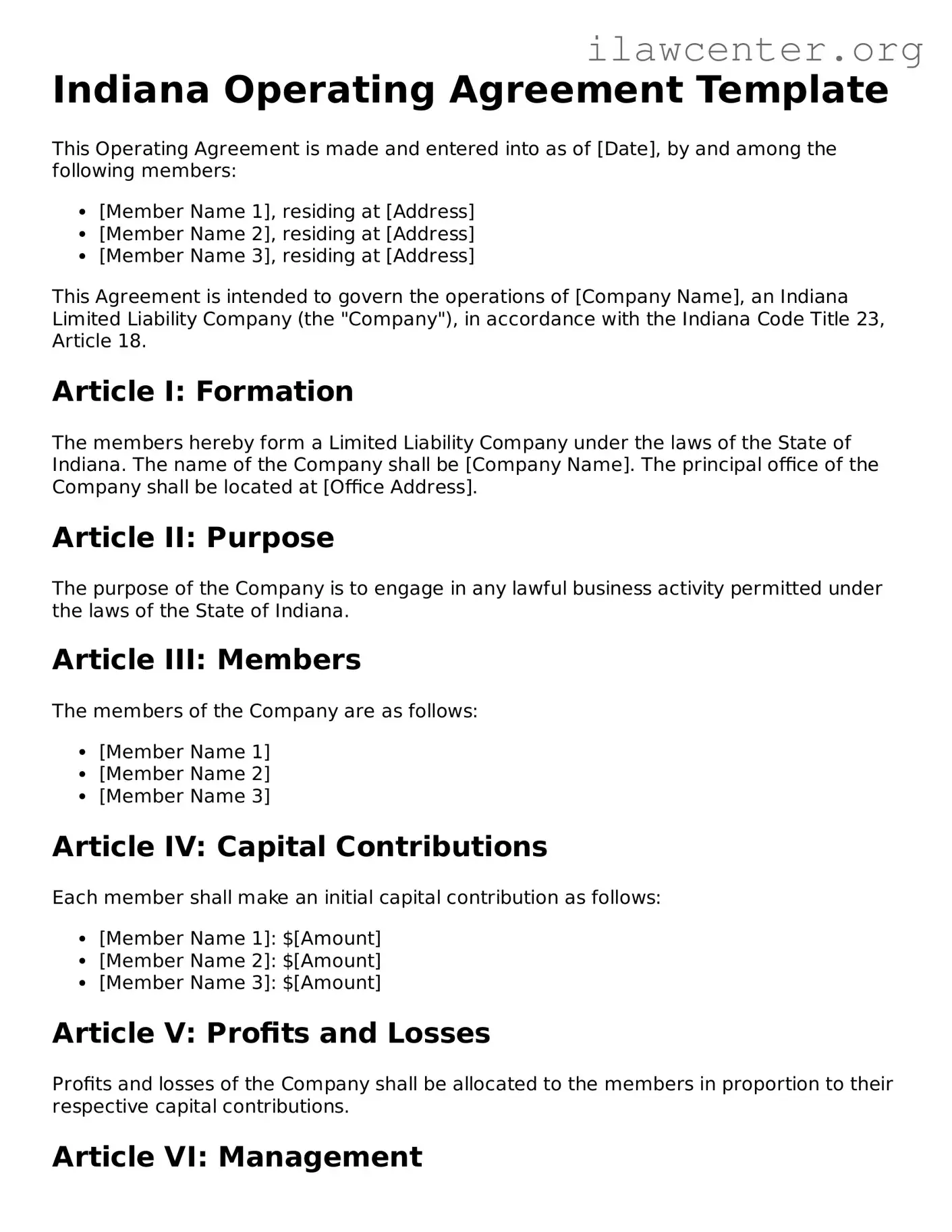 Attorney-Verified  Operating Agreement Document for Indiana
