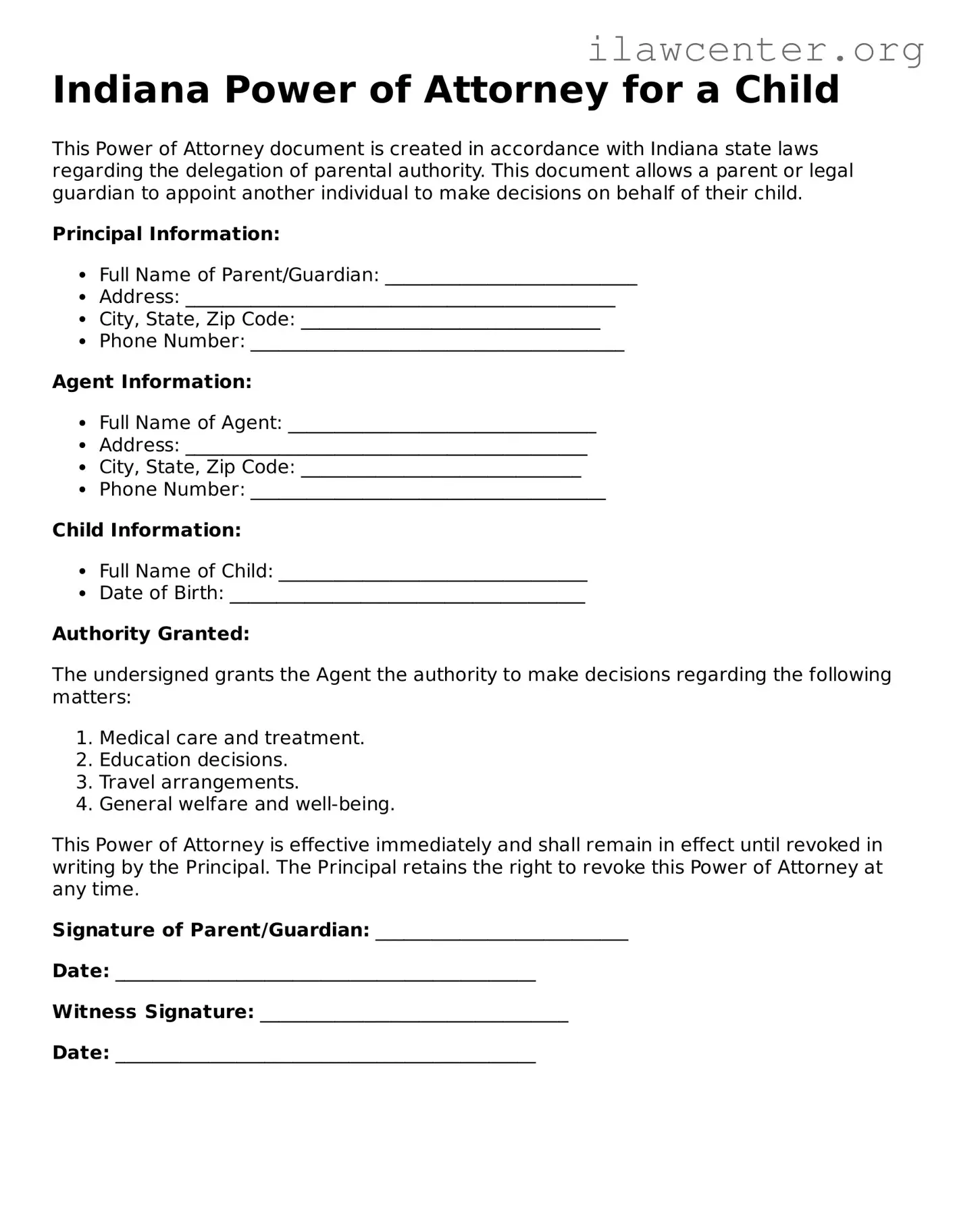 Attorney-Verified  Power of Attorney for a Child Document for Indiana
