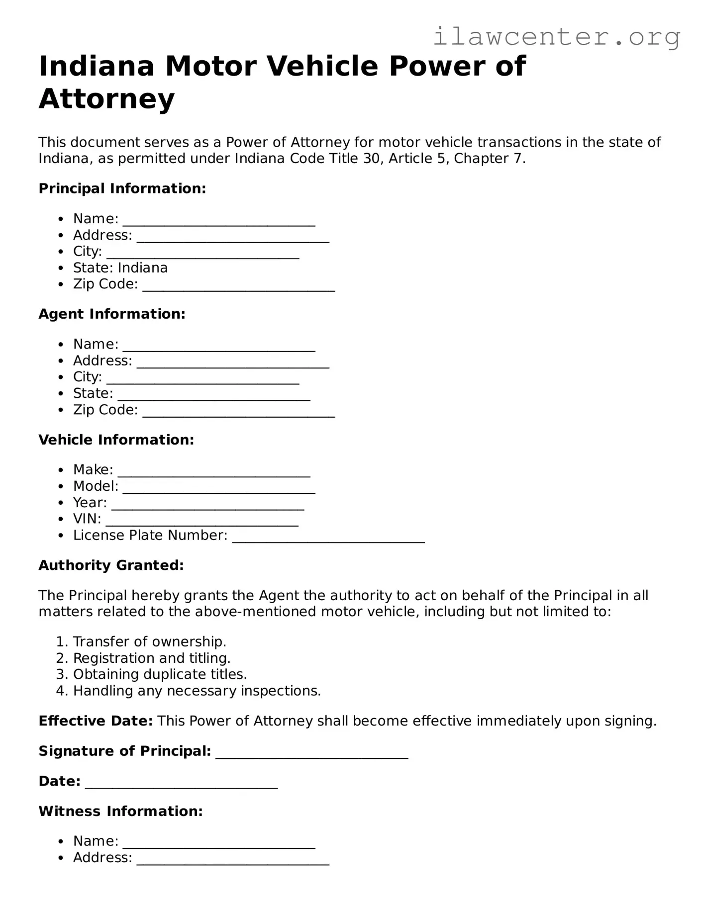 Attorney-Verified  Motor Vehicle Power of Attorney Document for Indiana