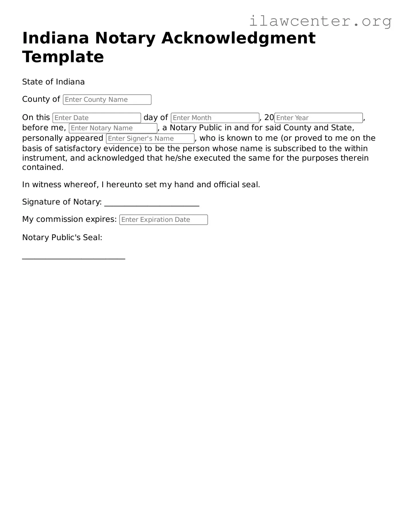 Attorney-Verified  Notary Acknowledgement Document for Indiana