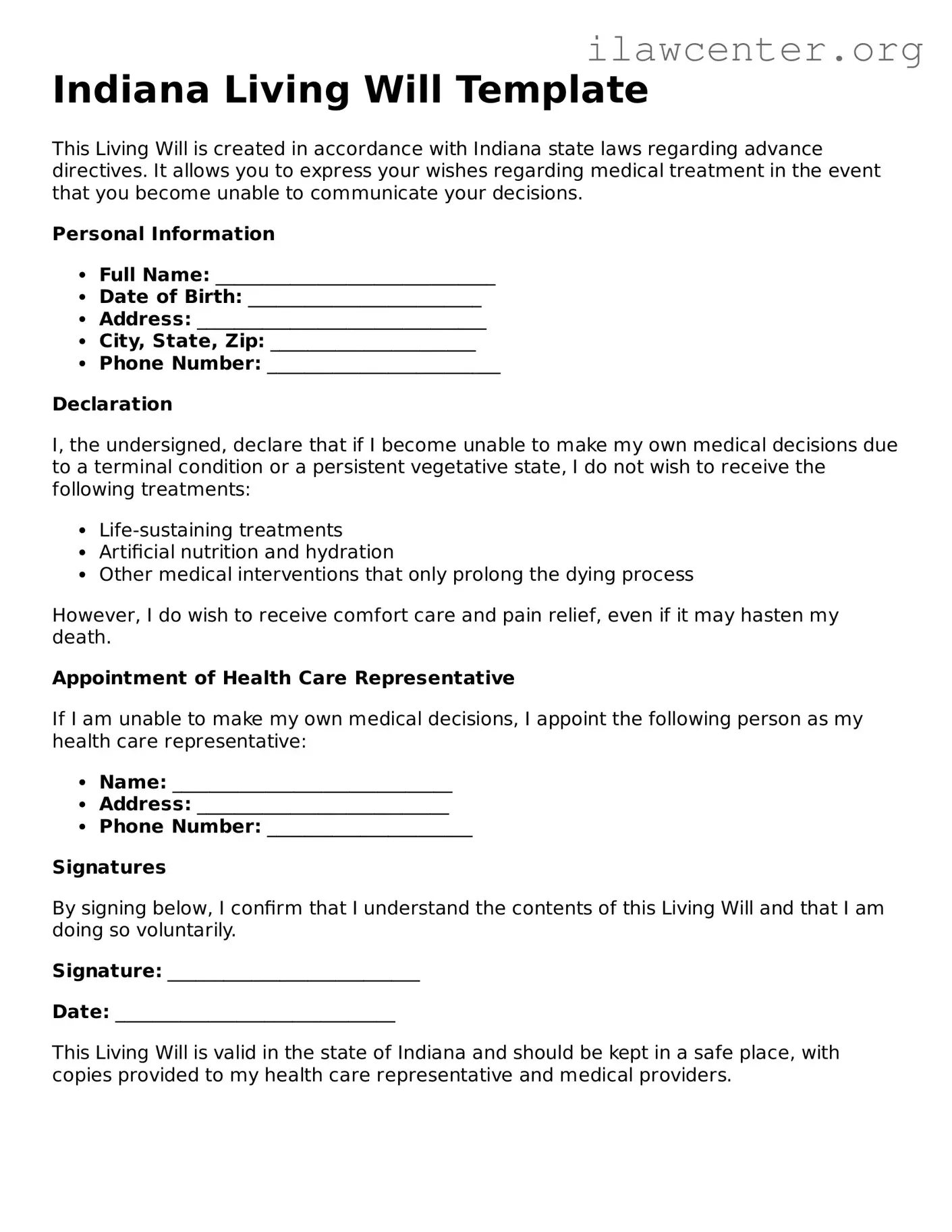 Attorney-Verified  Living Will Document for Indiana