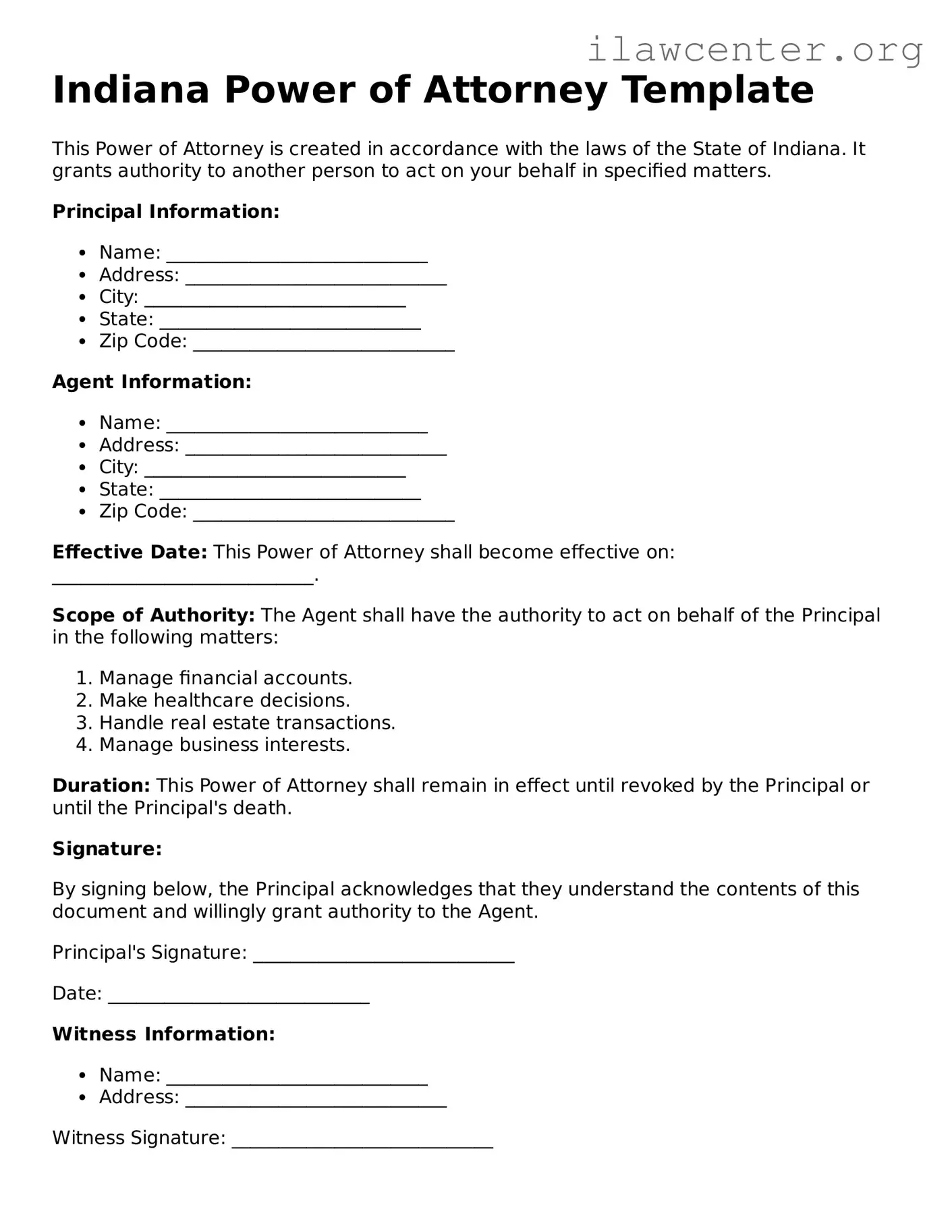 Attorney-Verified  Power of Attorney Document for Indiana