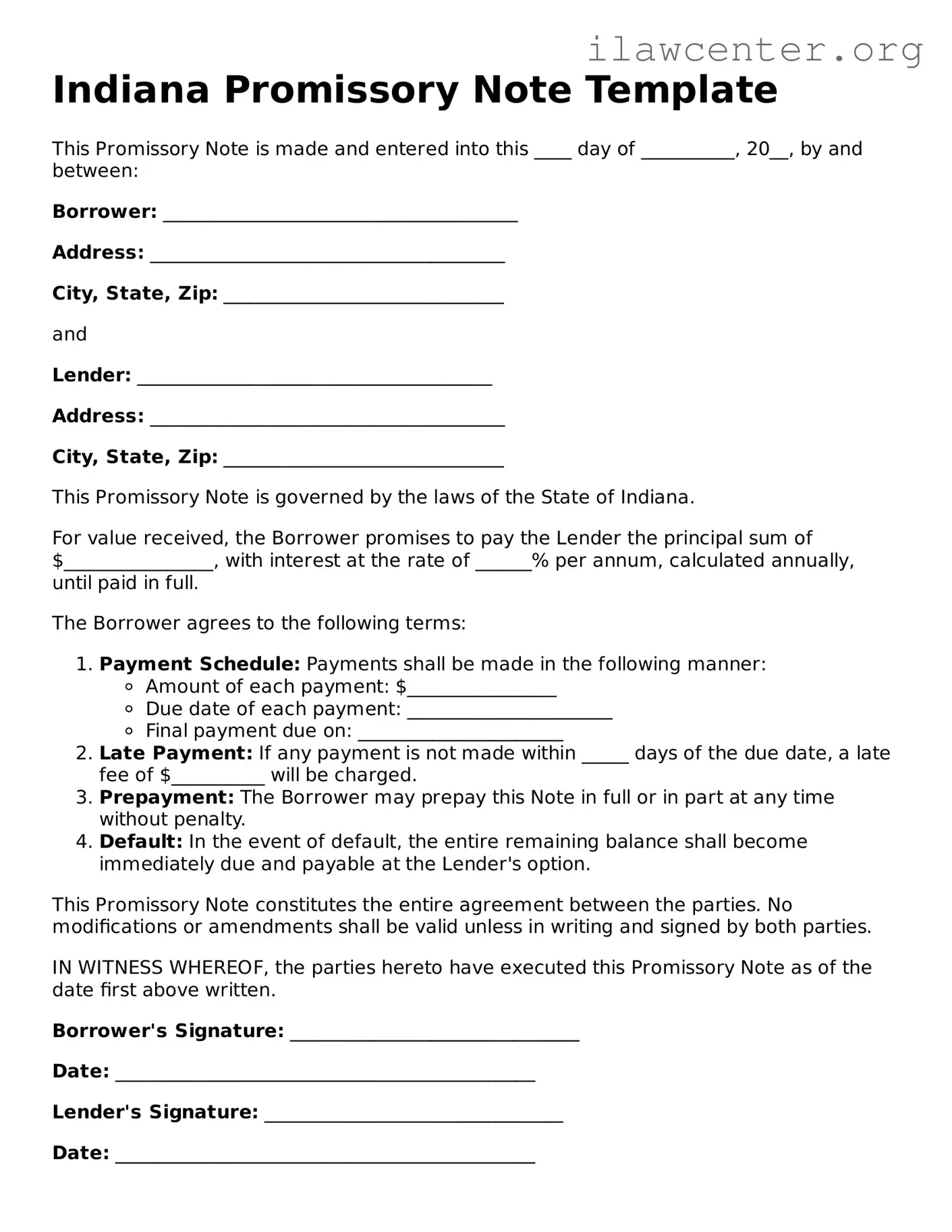 Attorney-Verified  Promissory Note Document for Indiana