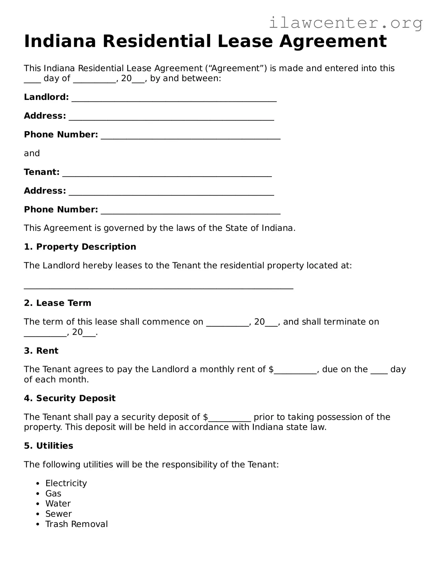 Attorney-Verified  Residential Lease Agreement Document for Indiana
