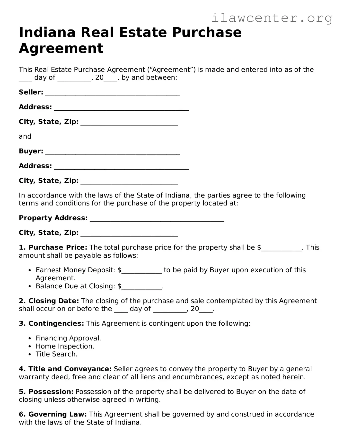 Attorney-Verified  Real Estate Purchase Agreement Document for Indiana