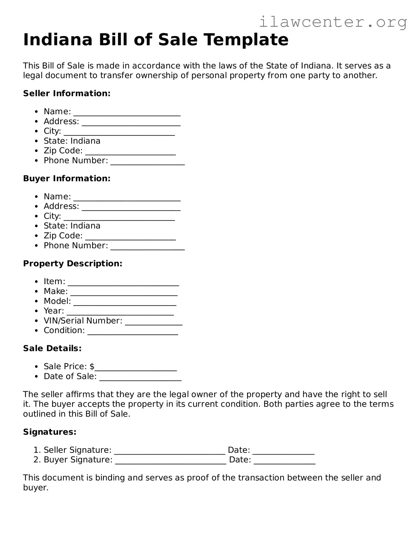 Attorney-Verified  Bill of Sale Document for Indiana