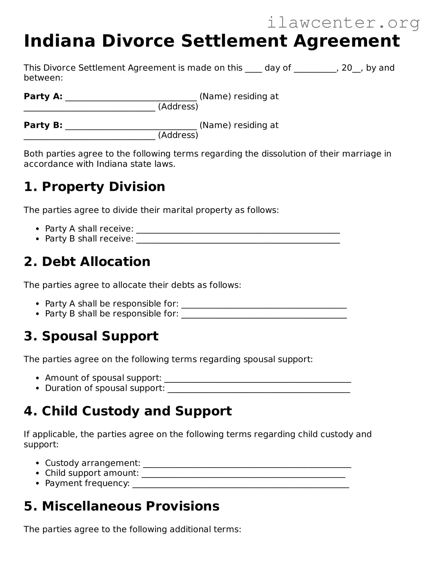 Attorney-Verified  Divorce Settlement Agreement Document for Indiana