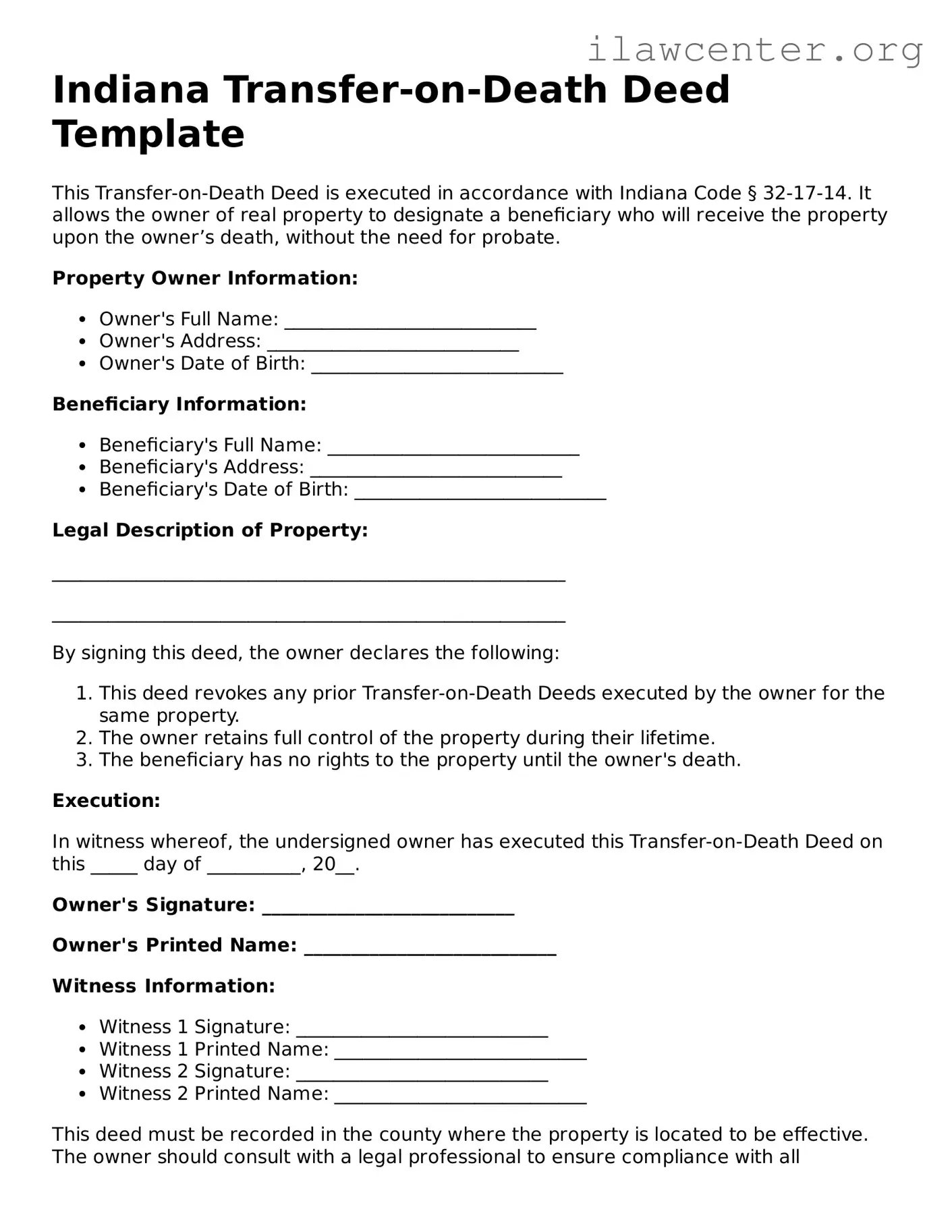 Attorney-Verified  Transfer-on-Death Deed Document for Indiana