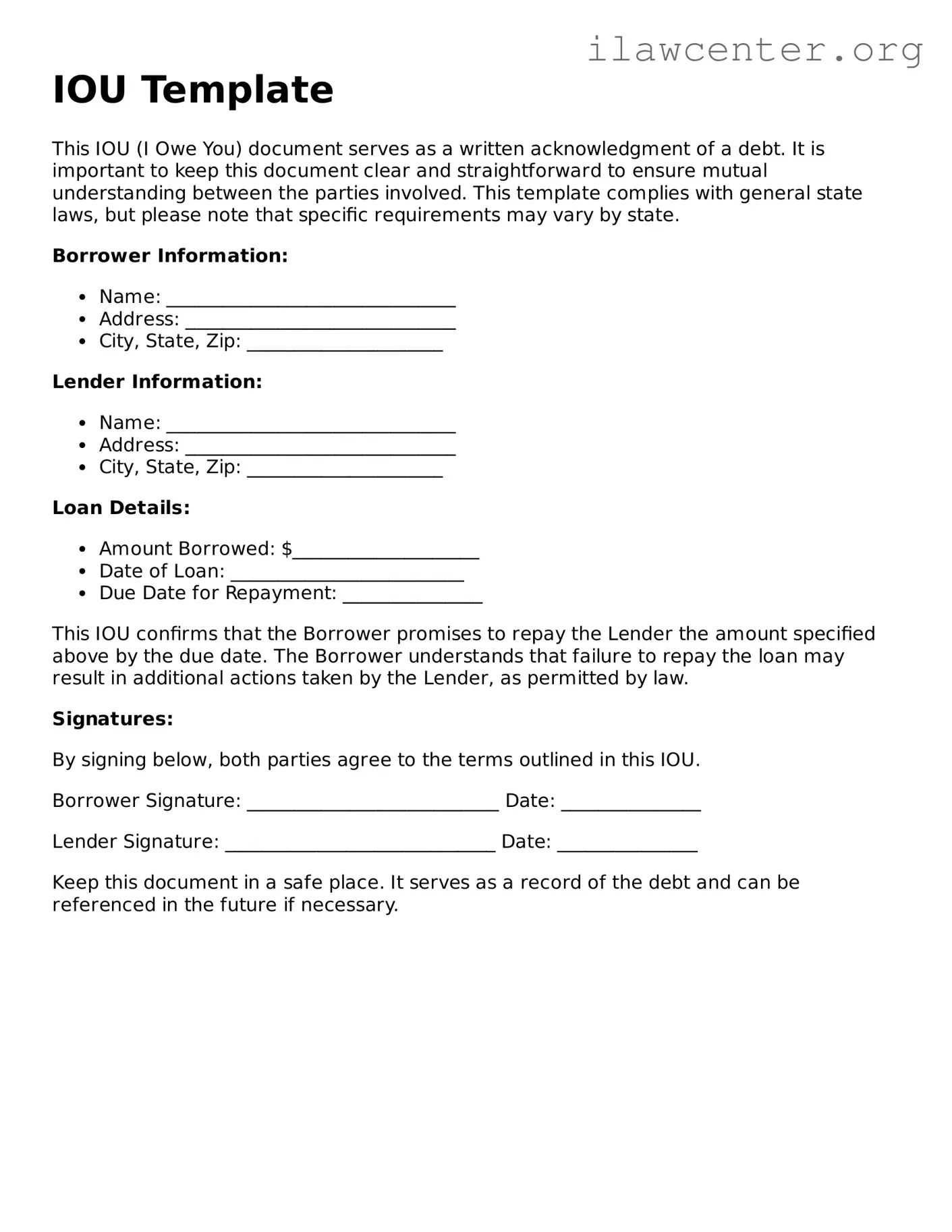 Fillable IOU Document