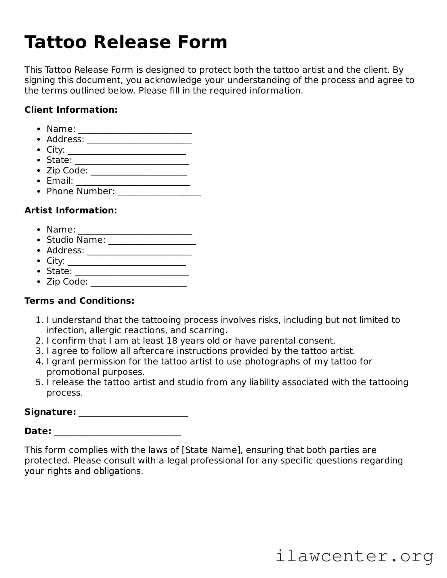 Fillable Tattoo Release Document